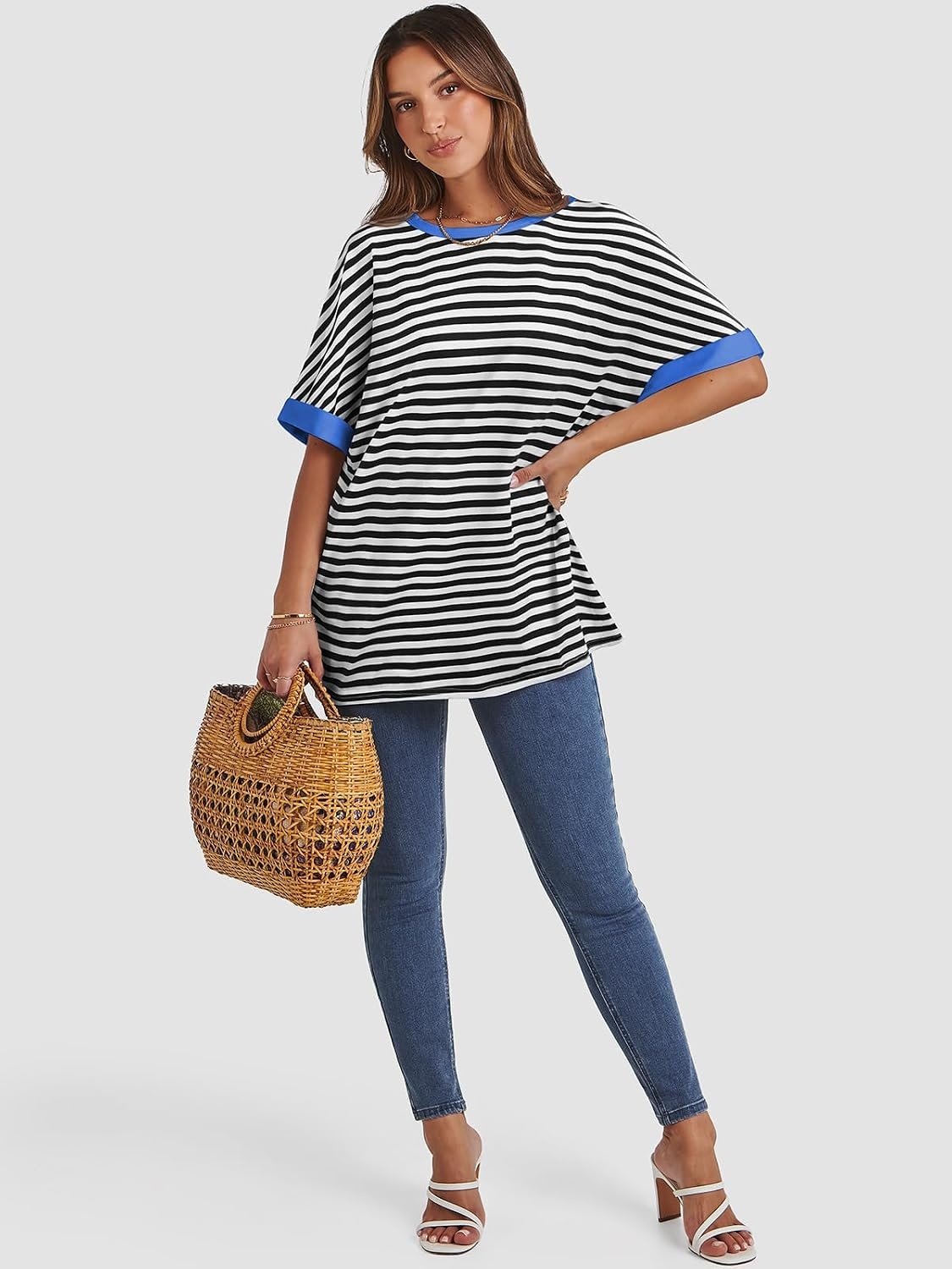 image:imageATHMILE Womens Oversized T Shirts Summer Tops Spring Casual Loose Fit Workout Short Sleeve 2026 Beach VacationStriped Black White