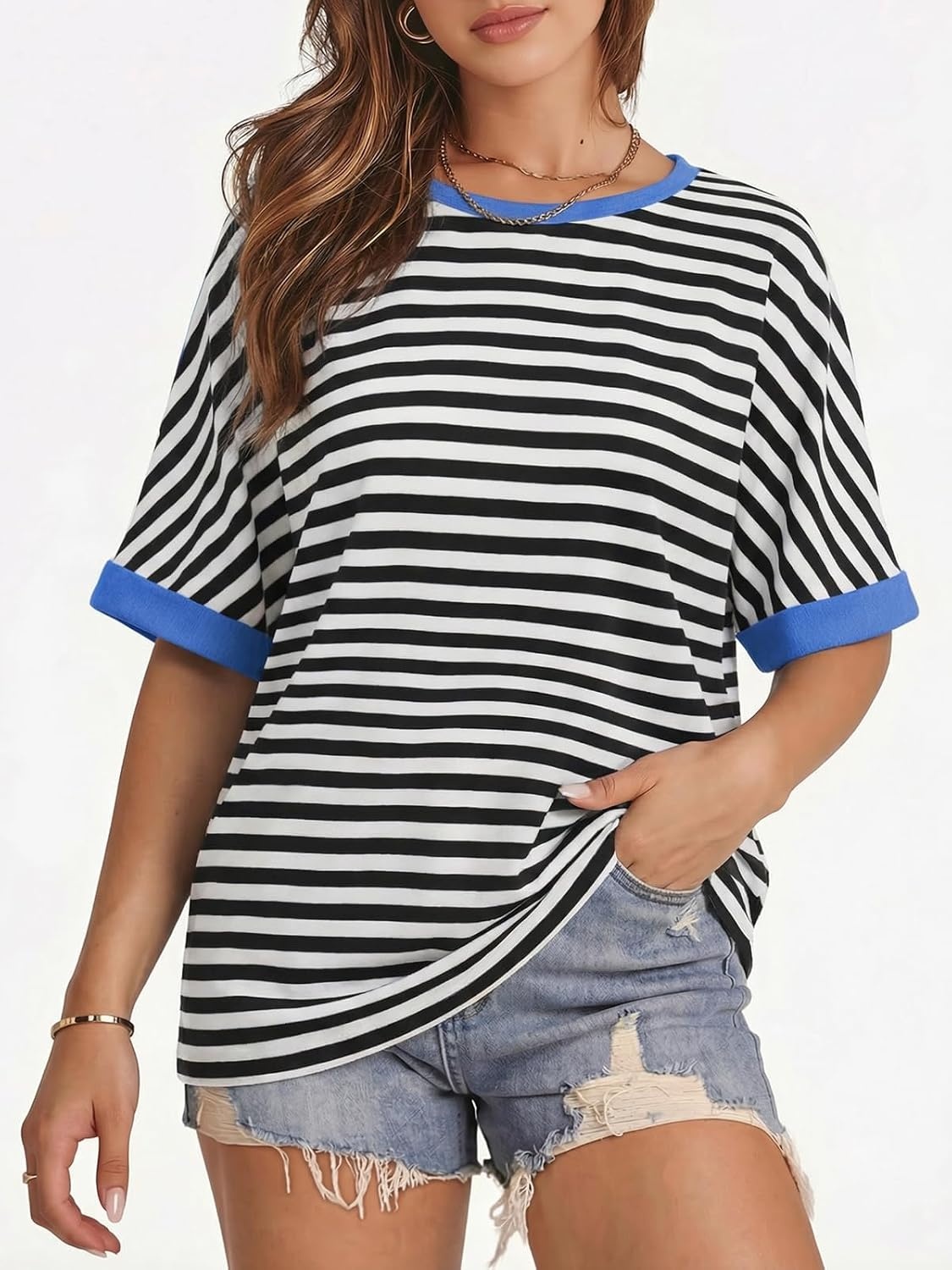image:imageATHMILE Womens Oversized T Shirts Summer Tops Spring Casual Loose Fit Workout Short Sleeve 2026 Beach VacationStriped Black White