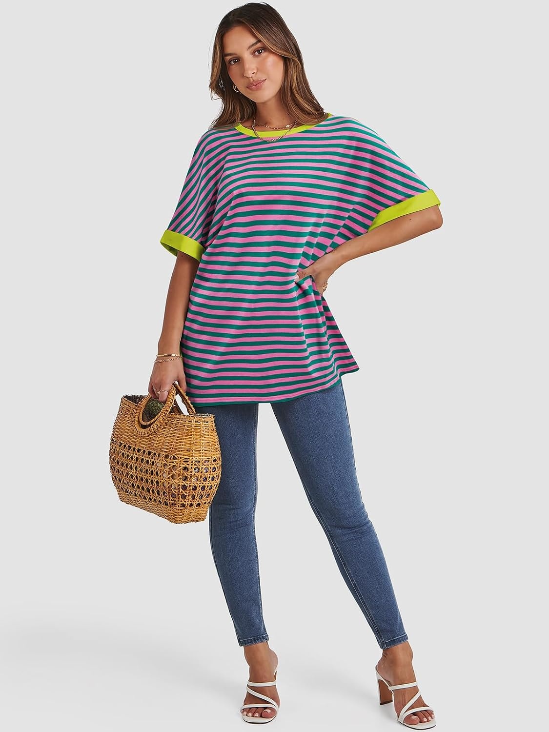 image:imageATHMILE Womens Oversized T Shirts Summer Tops Spring Casual Loose Fit Workout Short Sleeve 2026 Beach VacationStriped Pink Green