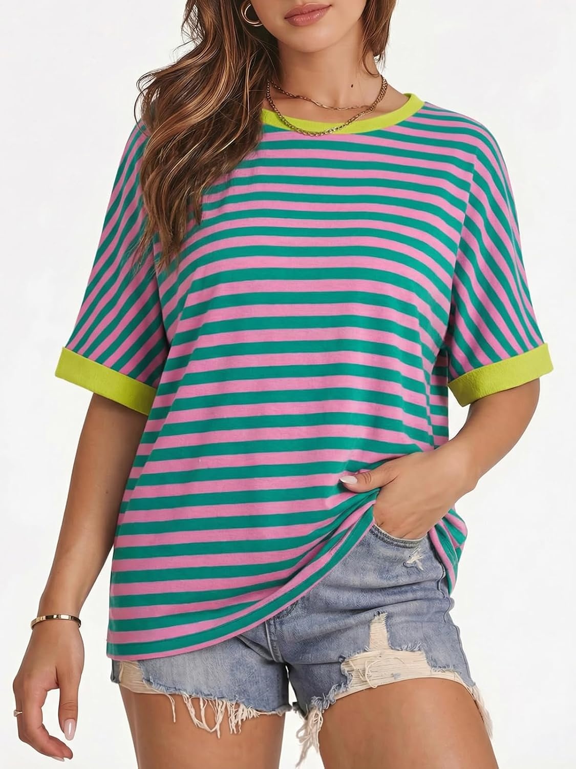 image:imageATHMILE Womens Oversized T Shirts Summer Tops Spring Casual Loose Fit Workout Short Sleeve 2026 Beach VacationStriped Pink Green