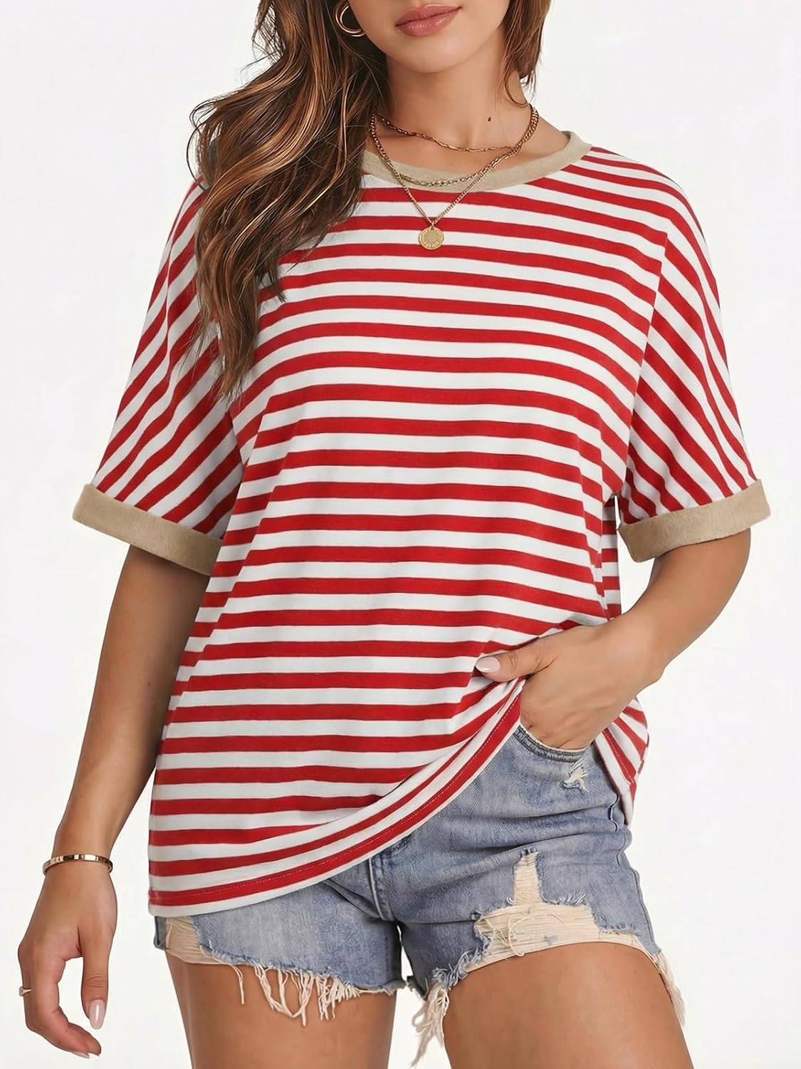 image:imageATHMILE Womens Oversized T Shirts Summer Tops Spring Casual Loose Fit Workout Short Sleeve 2026 Beach VacationStriped Red White