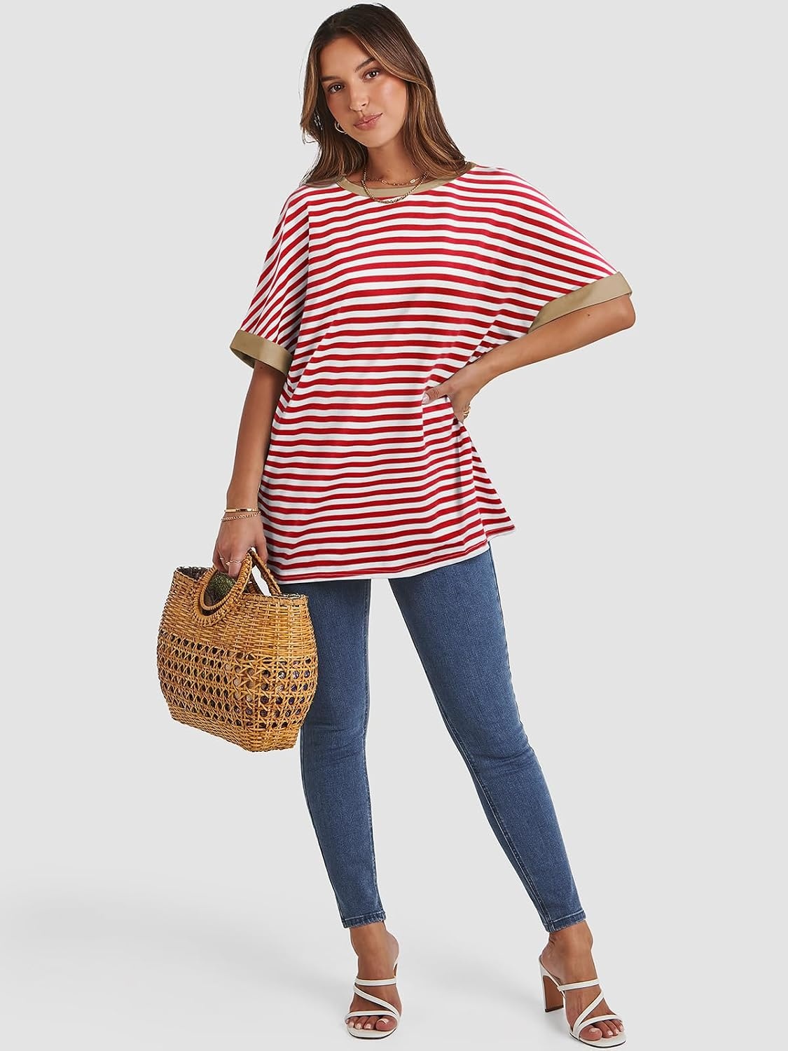 image:imageATHMILE Womens Oversized T Shirts Summer Tops Spring Casual Loose Fit Workout Short Sleeve 2026 Beach VacationStriped Red White