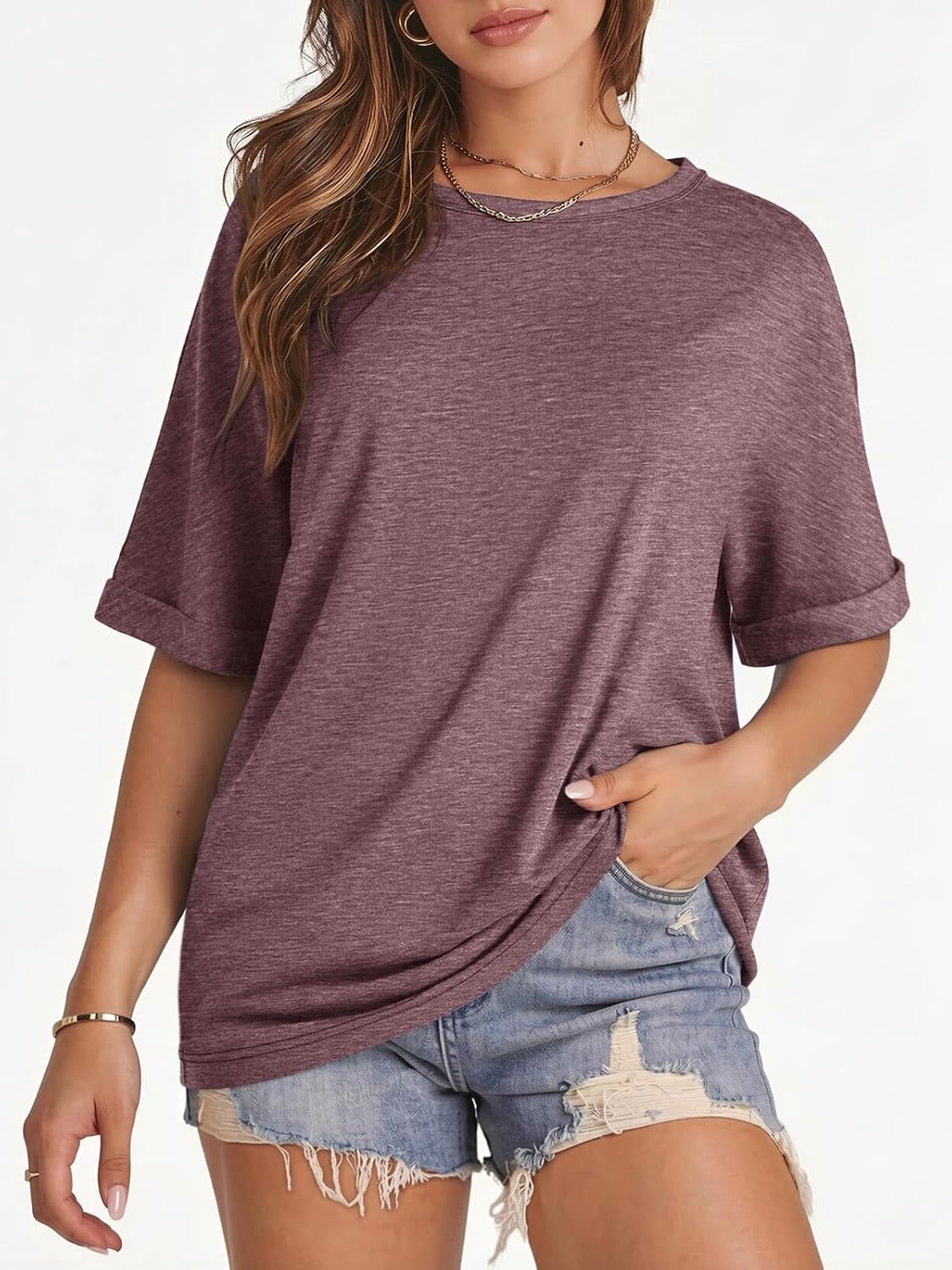image:imageATHMILE Womens Oversized T Shirts Summer Tops Spring Casual Loose Fit Workout Short Sleeve 2026 Beach VacationWine Red