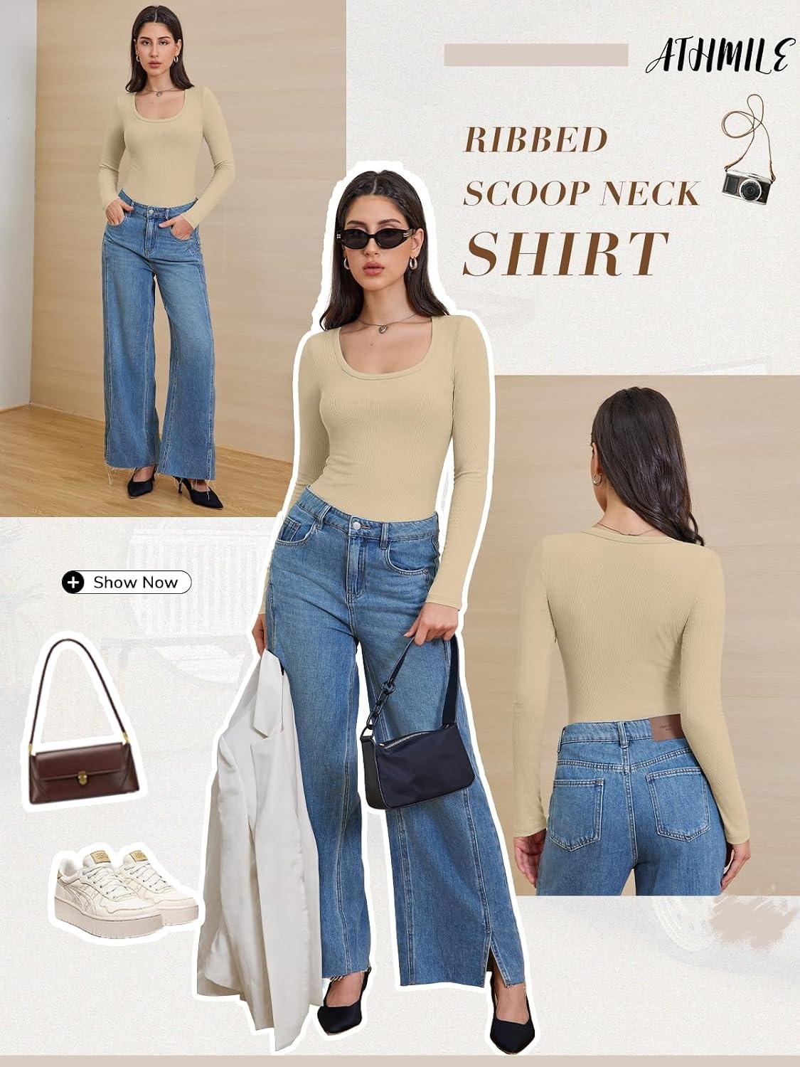 image:imageATHMILE Womens Scoop Neck Long Sleeve Tops Fashion Ribbed Knit Shirts Slim Fitted Casual Basic Tee T Shirt for Women 2026Abeige