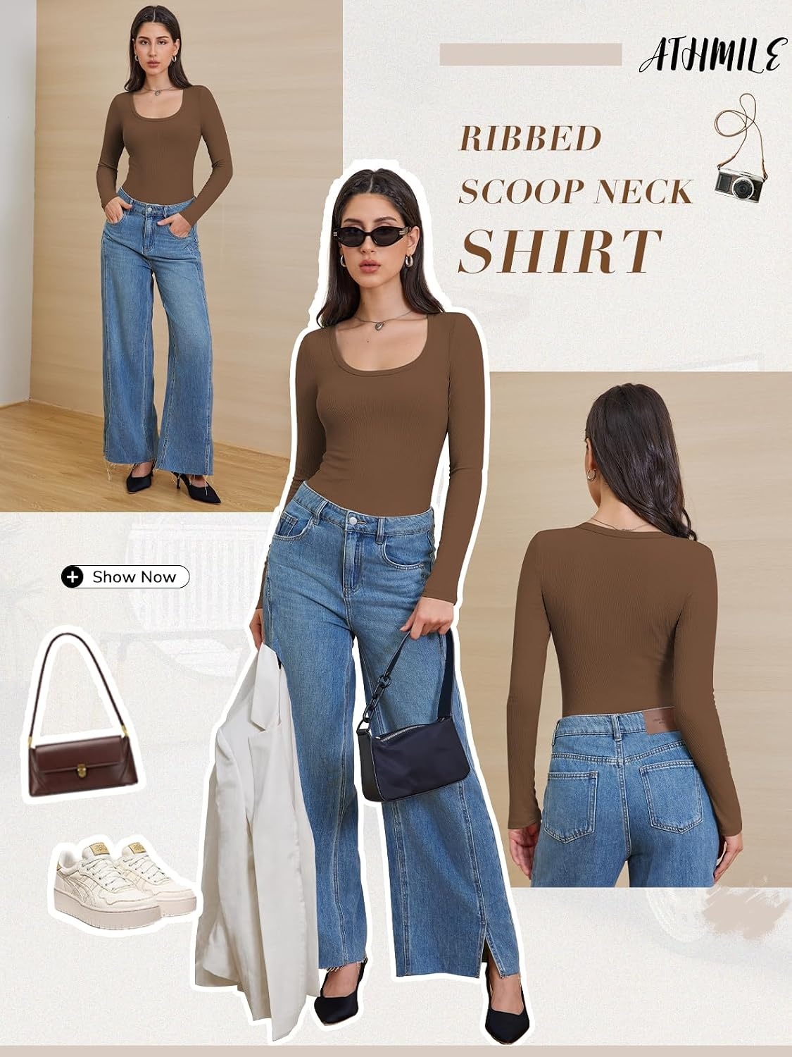 image:imageATHMILE Womens Scoop Neck Long Sleeve Tops Fashion Ribbed Knit Shirts Slim Fitted Casual Basic Tee T Shirt for Women 2026Abrown