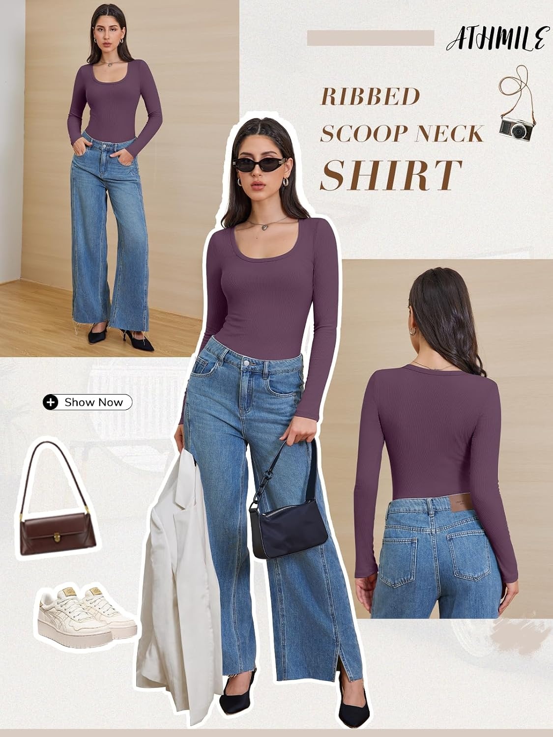 image:imageATHMILE Womens Scoop Neck Long Sleeve Tops Fashion Ribbed Knit Shirts Slim Fitted Casual Basic Tee T Shirt for Women 2026Apurple