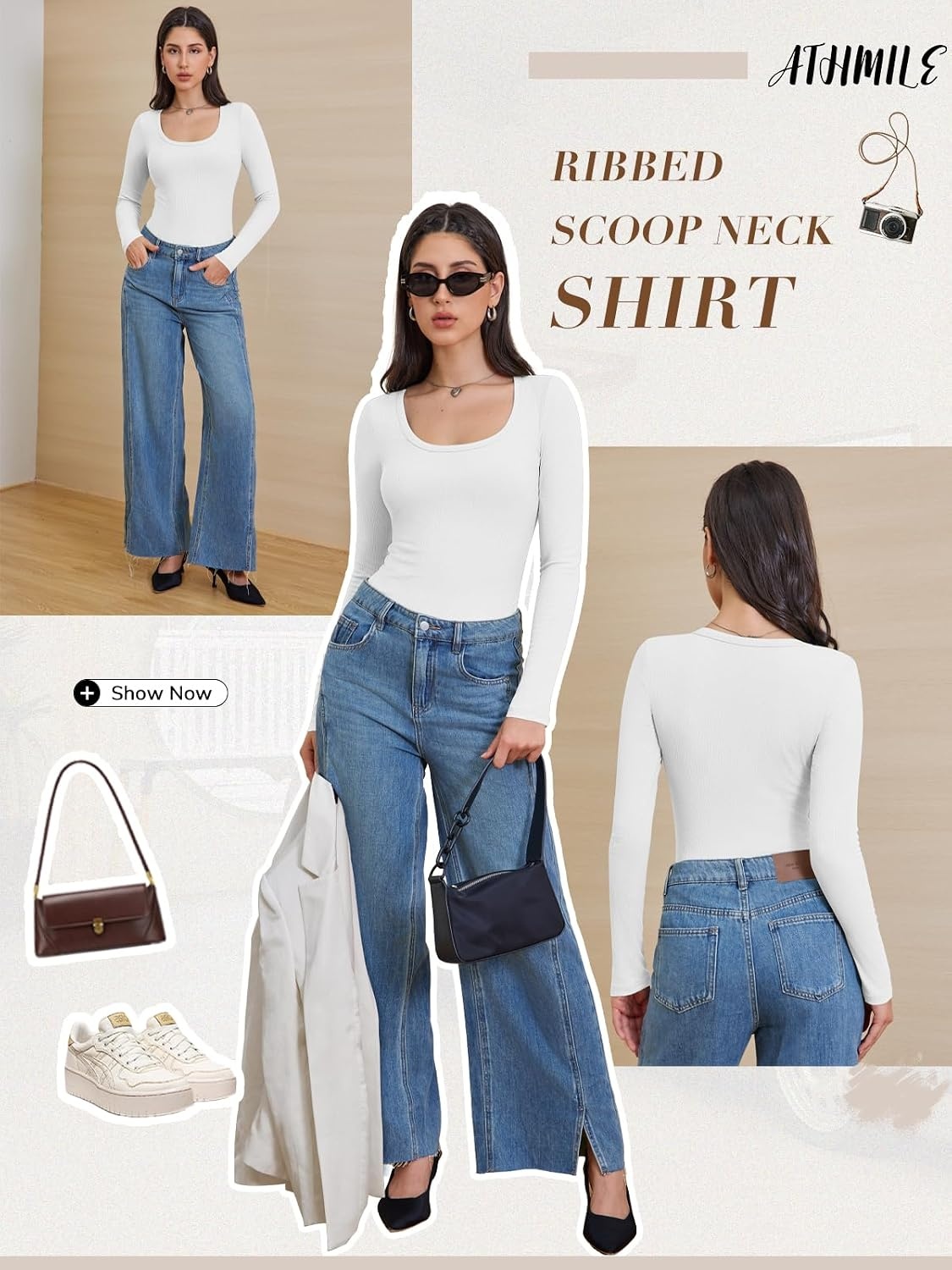 image:imageATHMILE Womens Scoop Neck Long Sleeve Tops Fashion Ribbed Knit Shirts Slim Fitted Casual Basic Tee T Shirt for Women 2026Awhite