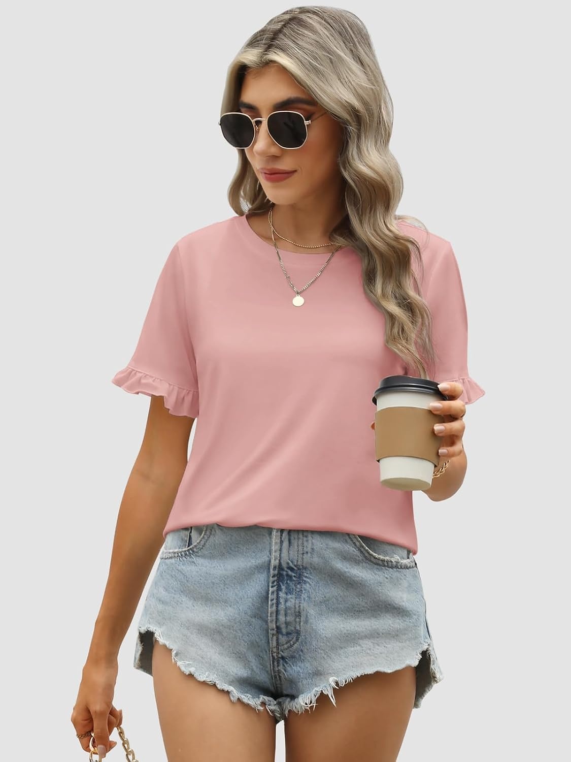 image:imageATHMILE Womens Short Sleeve Casual T Shirts Summer Ruffle Plain Round Neck Loose Fit Tee Blouse TopsPink