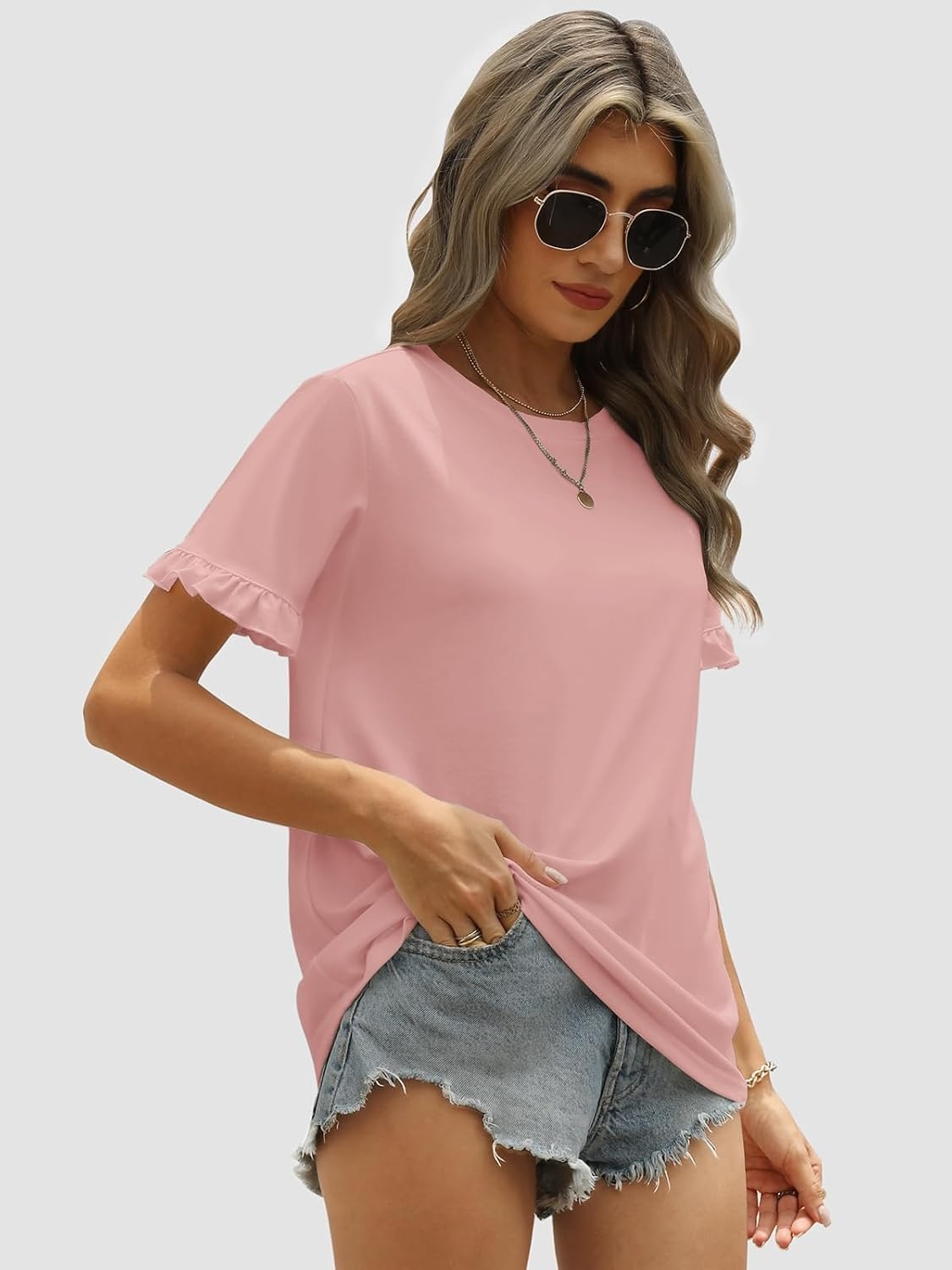 image:imageATHMILE Womens Short Sleeve Casual T Shirts Summer Ruffle Plain Round Neck Loose Fit Tee Blouse TopsPink
