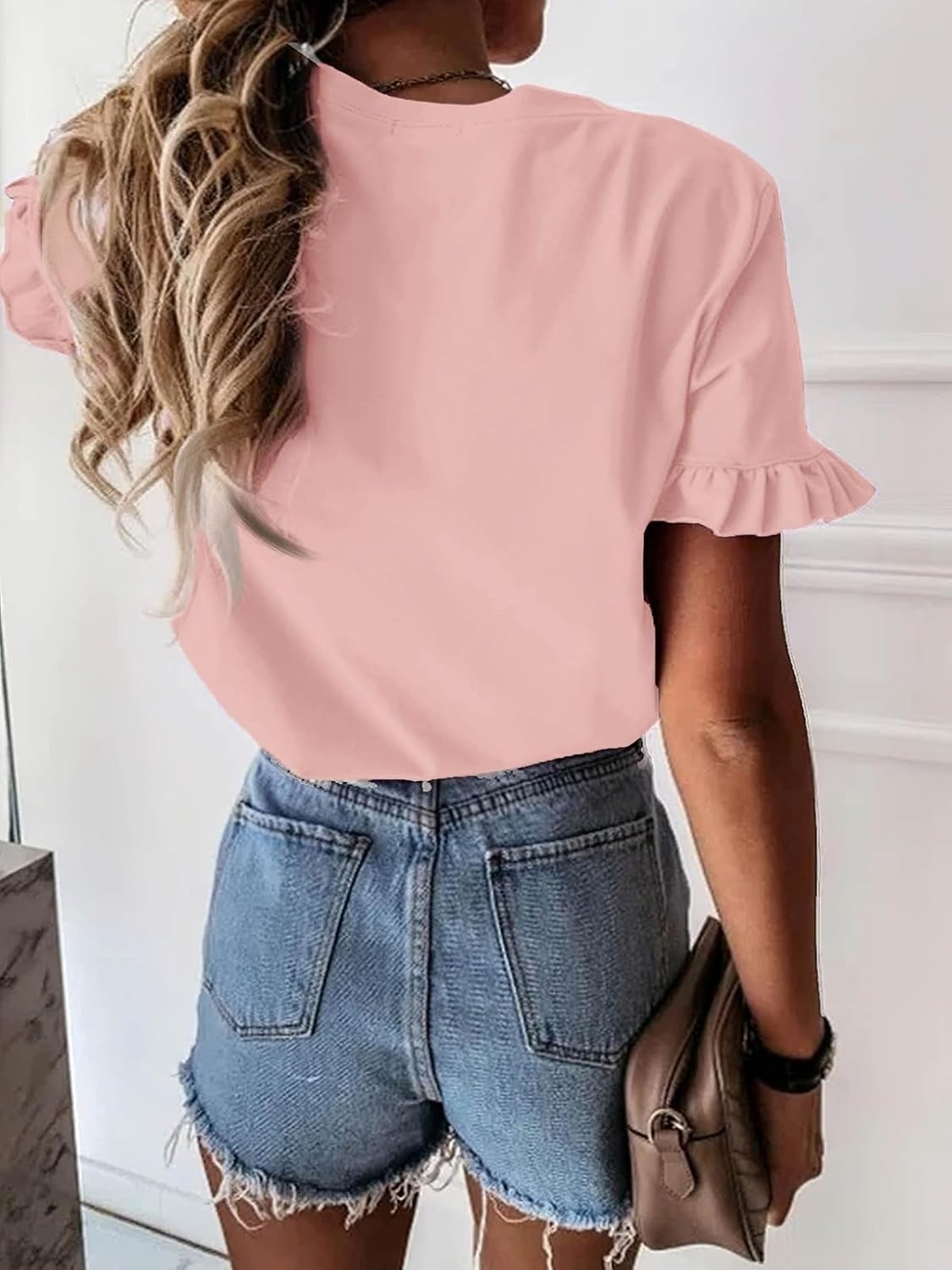 image:imageATHMILE Womens Short Sleeve Casual T Shirts Summer Ruffle Plain Round Neck Loose Fit Tee Blouse TopsPink
