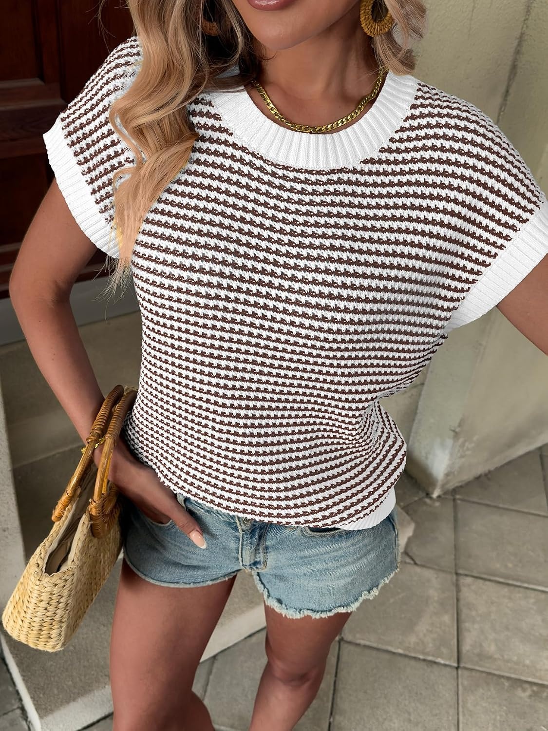 image:imageATHMILE Womens Short Sleeve Sweater Spring Summer Striped Teacher Round Neck Pullover Cap Sleeve Knit Cute Vest Tops 2026Brown