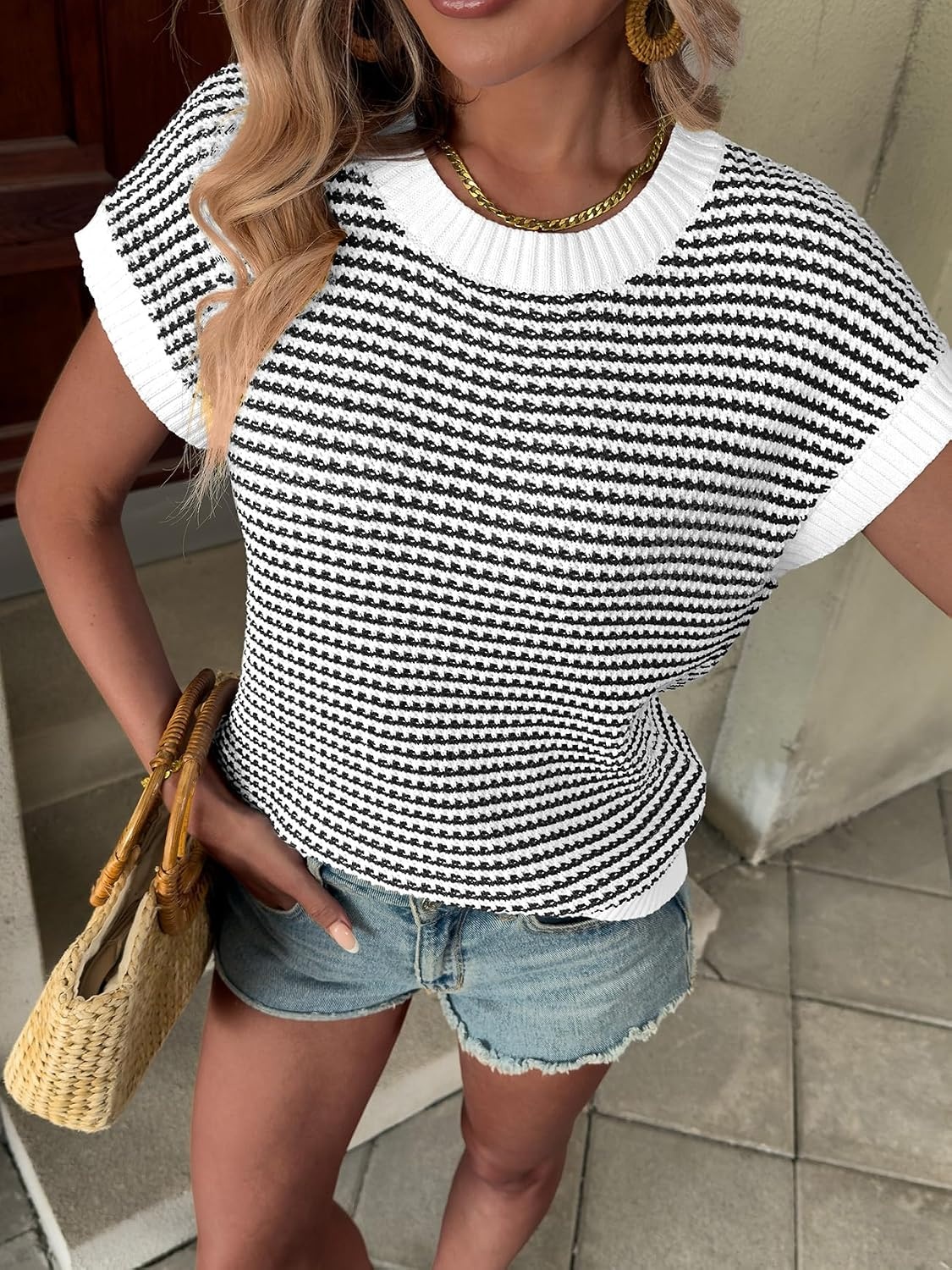 image:imageATHMILE Womens Short Sleeve Sweater Spring Summer Striped Teacher Round Neck Pullover Cap Sleeve Knit Cute Vest Tops 2026White