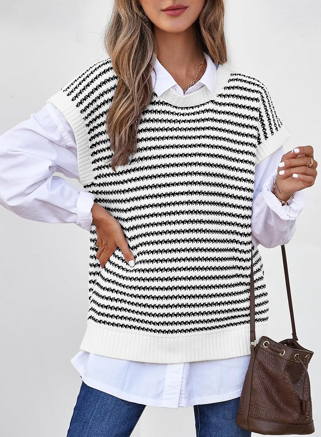 image:imageATHMILE Womens Short Sleeve Sweater Spring Summer Striped Teacher Round Neck Pullover Cap Sleeve Knit Cute Vest Tops 2026White