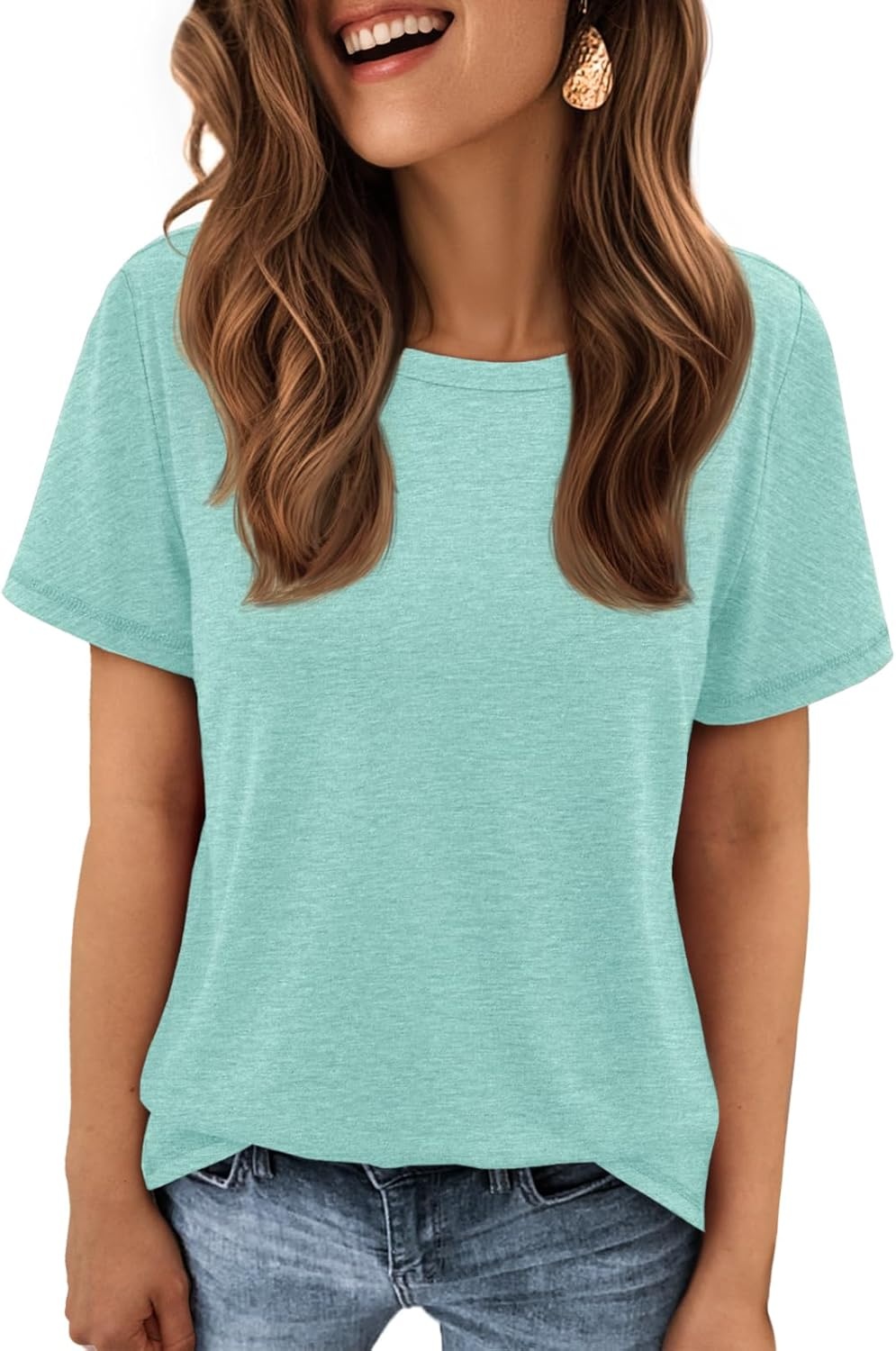 image:imageATHMILE Womens Soft Basic T Shirt Summer Tops Short Sleeve Crewneck Tees Casual Teachers Cute Work Outfits Everyday WearAqua