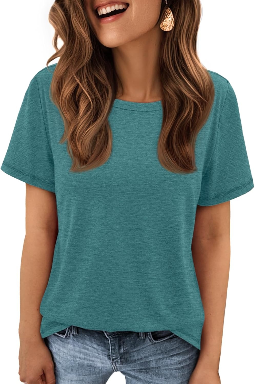 image:imageATHMILE Womens Soft Basic T Shirt Summer Tops Short Sleeve Crewneck Tees Casual Teachers Cute Work Outfits Everyday WearBlue Geen