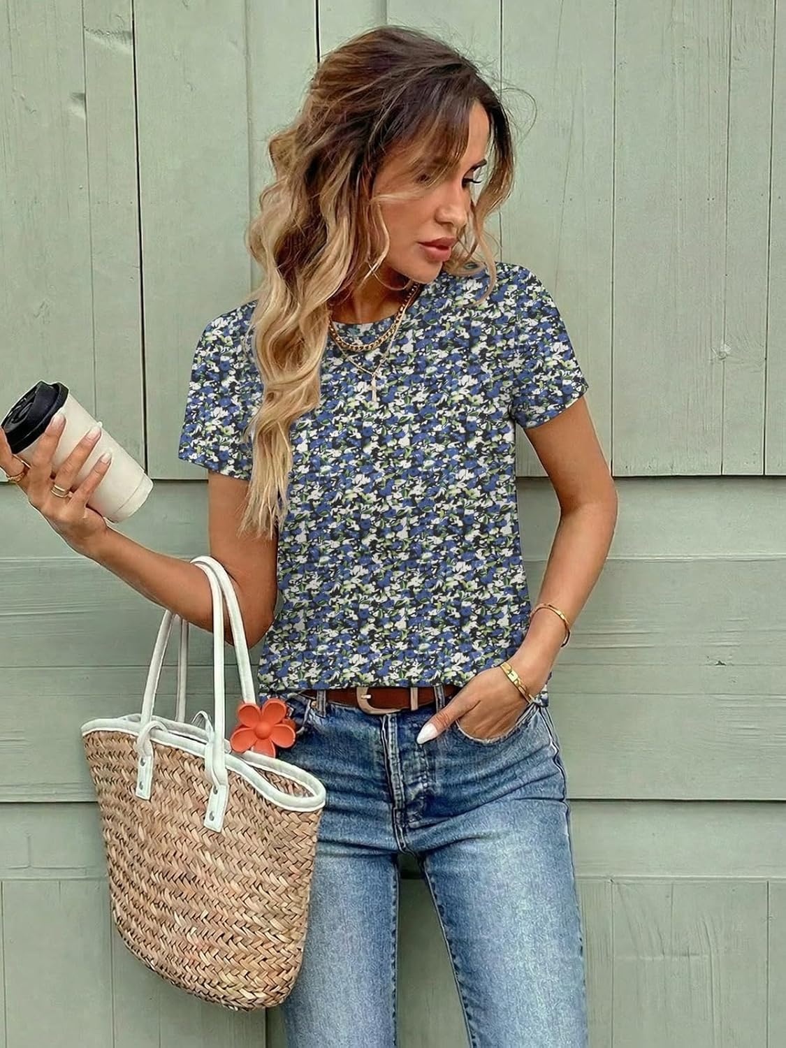 image:imageATHMILE Womens Soft Basic T Shirt Summer Tops Short Sleeve Crewneck Tees Casual Teachers Cute Work Outfits Everyday WearBlueflower