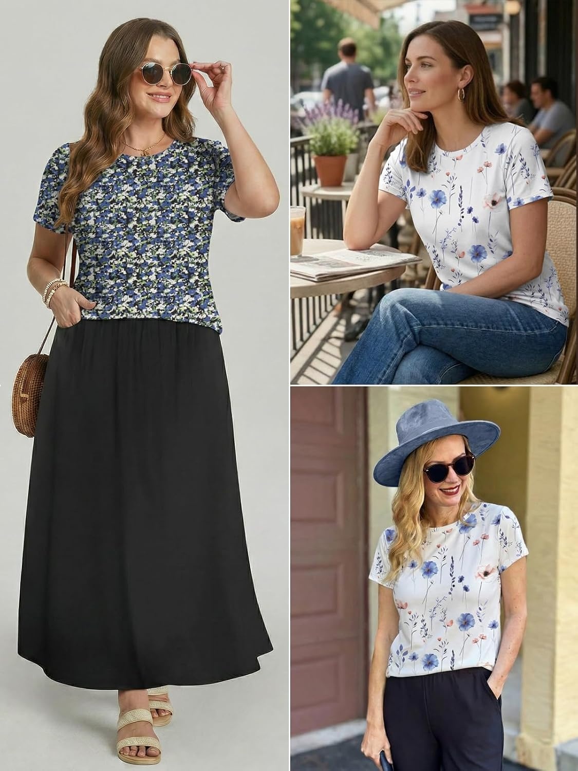 image:imageATHMILE Womens Soft Basic T Shirt Summer Tops Short Sleeve Crewneck Tees Casual Teachers Cute Work Outfits Everyday WearBlueflower