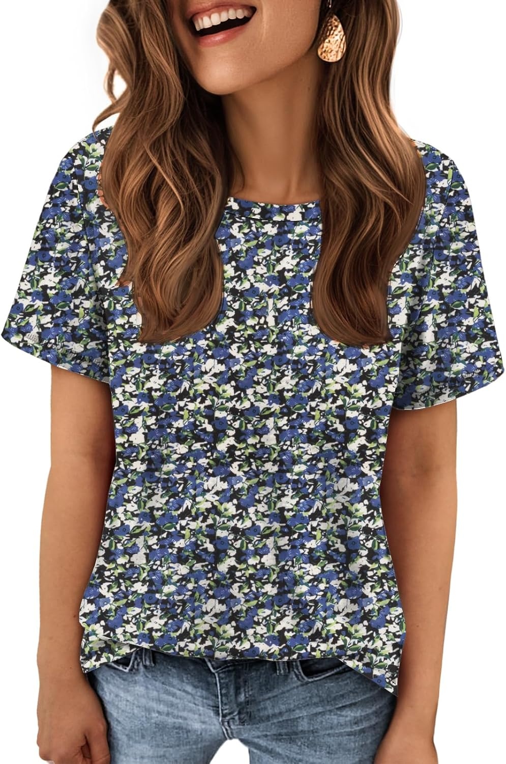 image:imageATHMILE Womens Soft Basic T Shirt Summer Tops Short Sleeve Crewneck Tees Casual Teachers Cute Work Outfits Everyday WearBlueflower