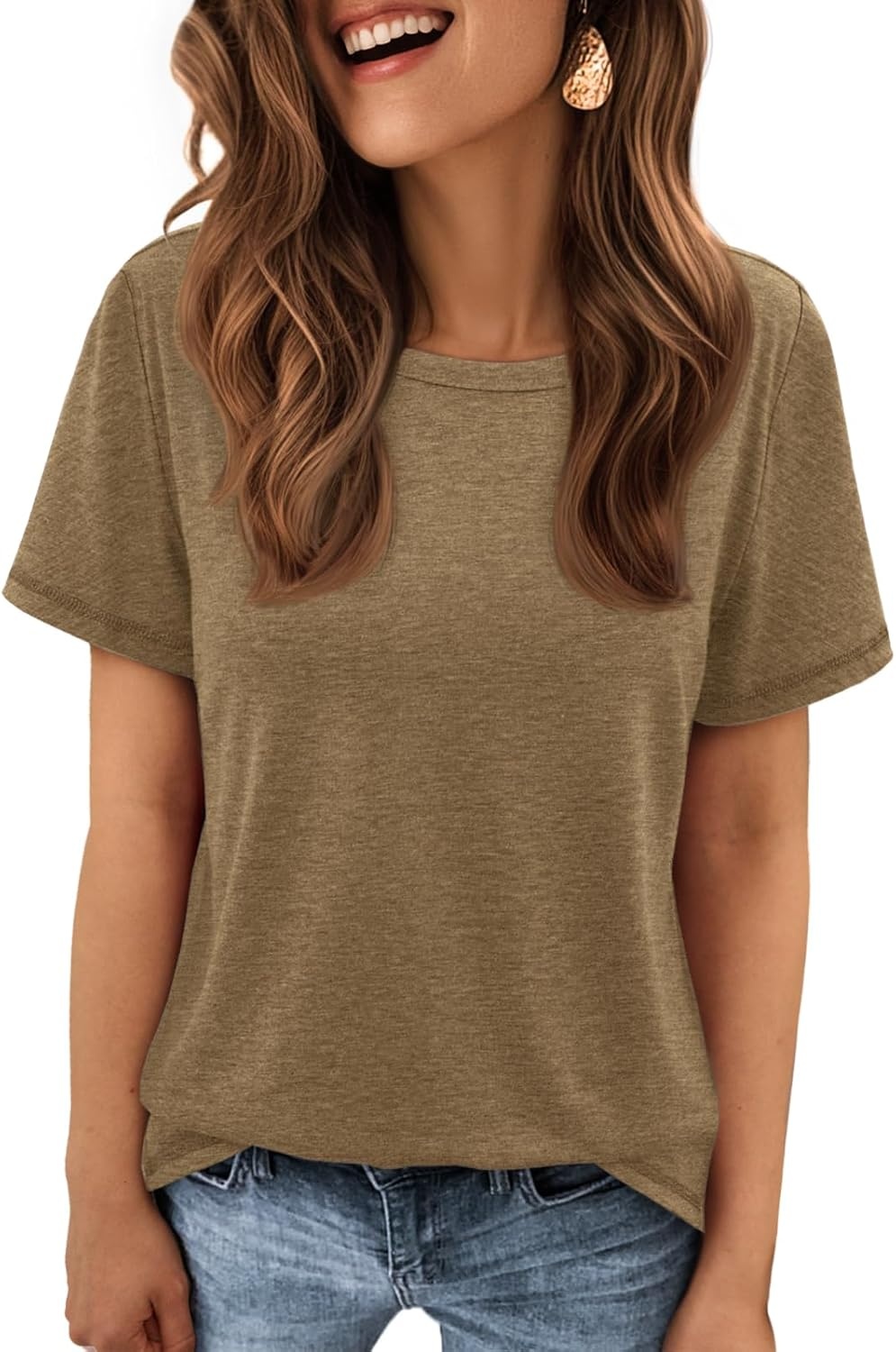 image:imageATHMILE Womens Soft Basic T Shirt Summer Tops Short Sleeve Crewneck Tees Casual Teachers Cute Work Outfits Everyday WearCoffee