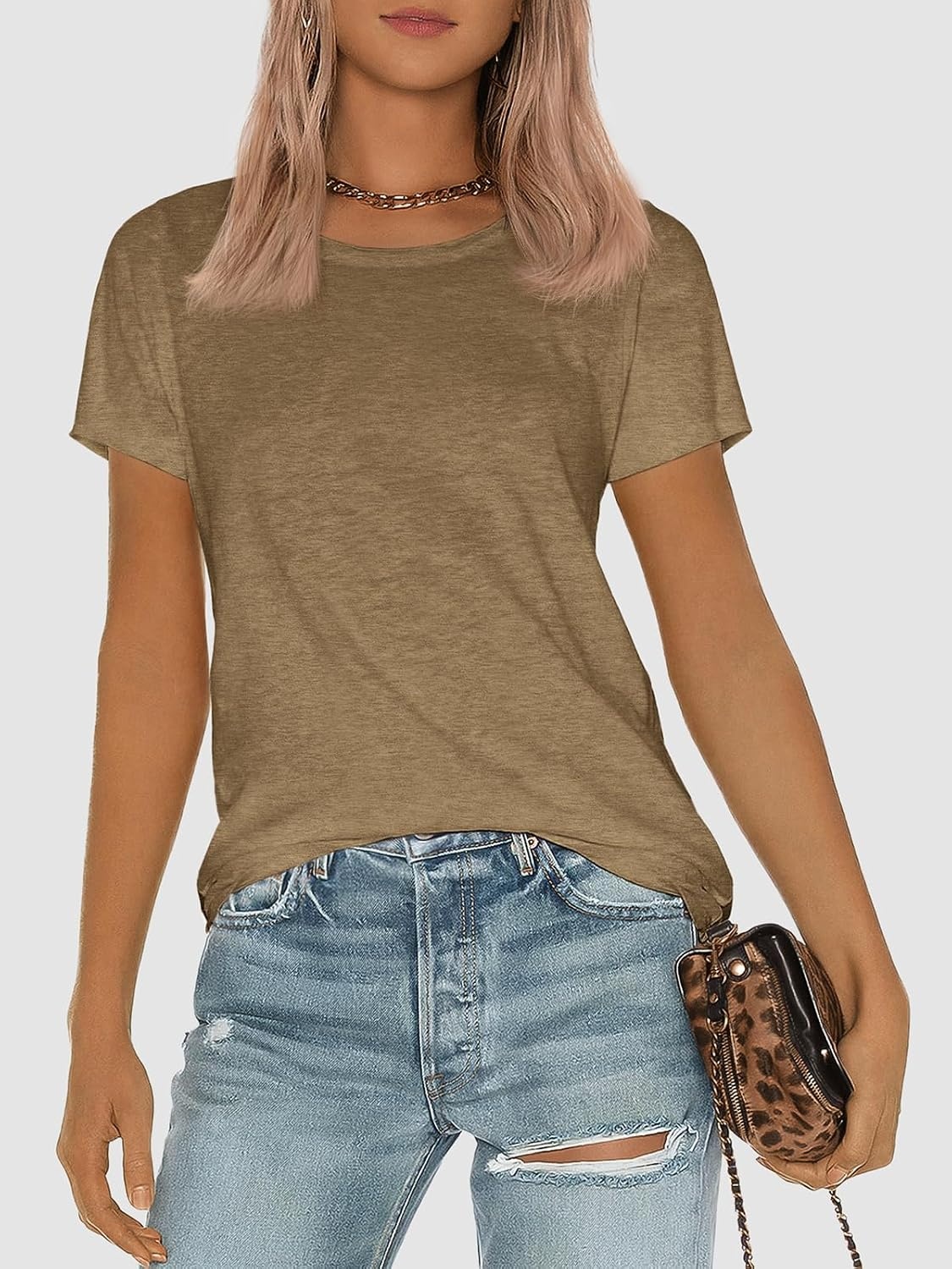 image:imageATHMILE Womens Soft Basic T Shirt Summer Tops Short Sleeve Crewneck Tees Casual Teachers Cute Work Outfits Everyday WearCoffee
