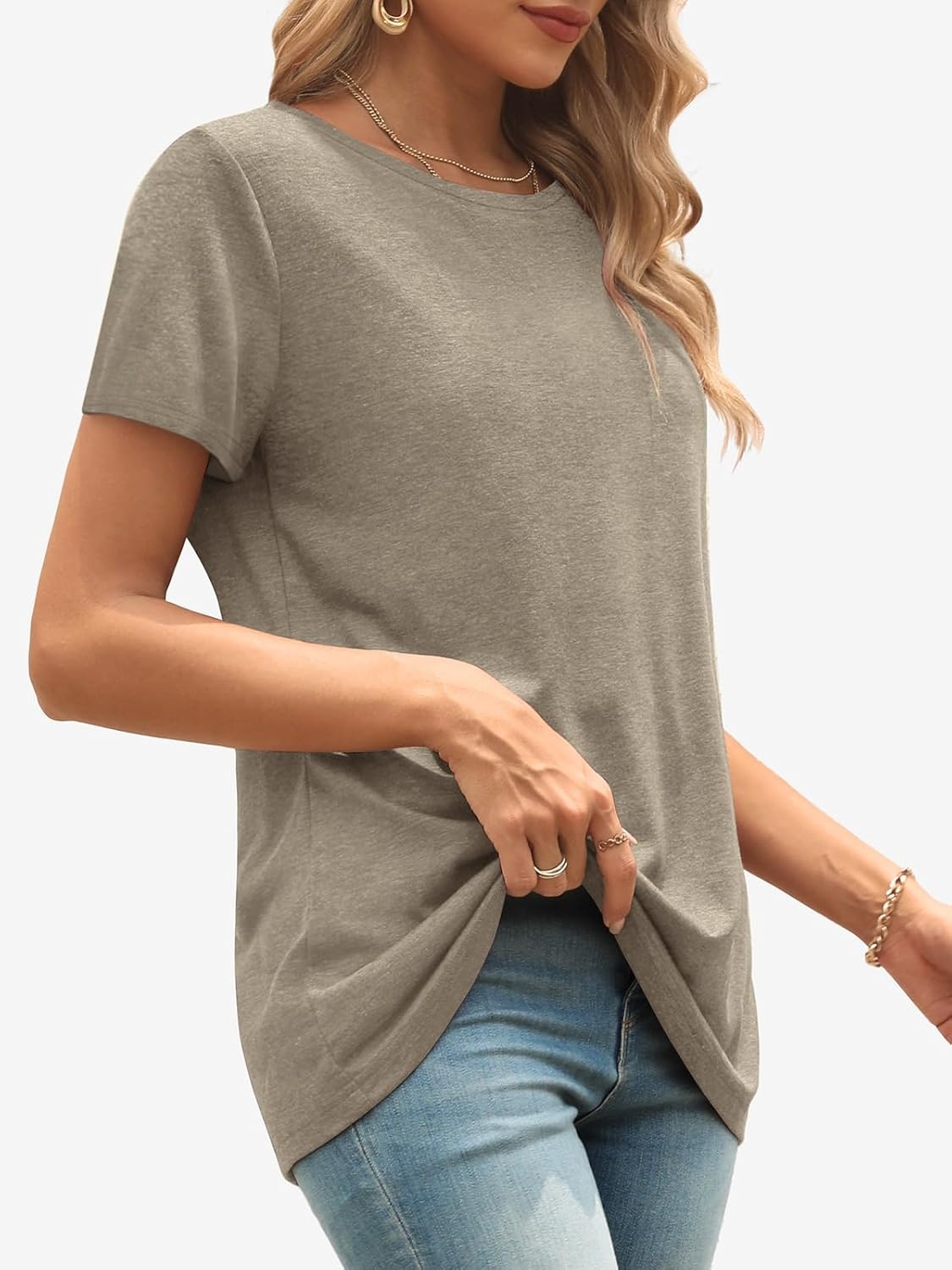 image:imageATHMILE Womens Soft Basic T Shirt Summer Tops Short Sleeve Crewneck Tees Casual Teachers Cute Work Outfits Everyday WearCoffee Grey