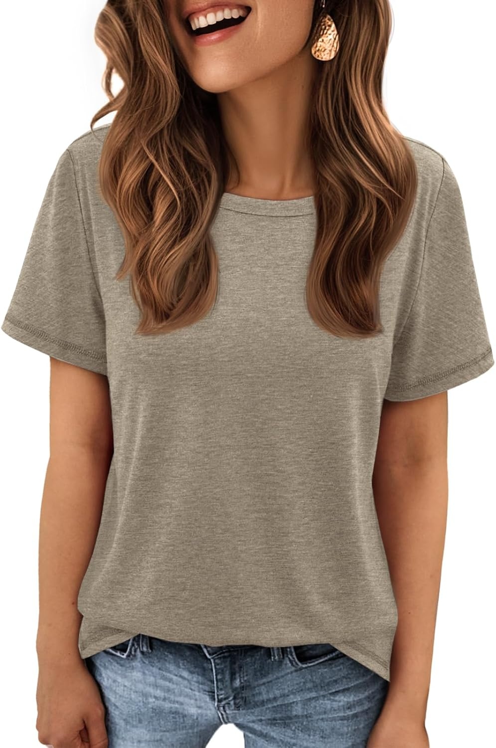 image:imageATHMILE Womens Soft Basic T Shirt Summer Tops Short Sleeve Crewneck Tees Casual Teachers Cute Work Outfits Everyday WearCoffee Grey