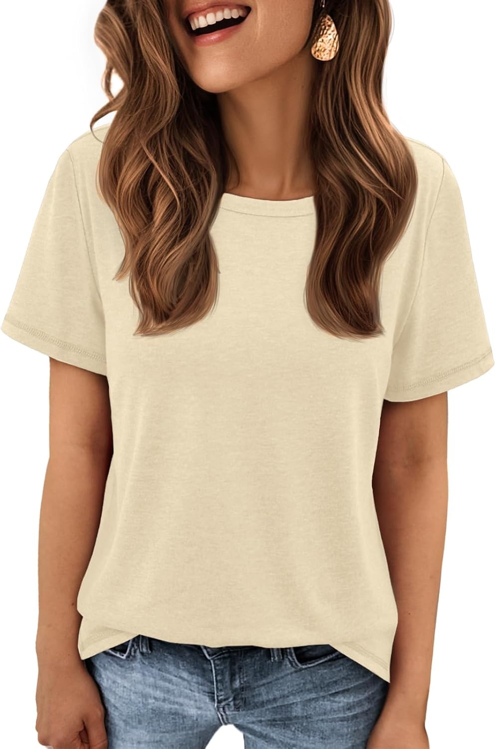 image:imageATHMILE Womens Soft Basic T Shirt Summer Tops Short Sleeve Crewneck Tees Casual Teachers Cute Work Outfits Everyday WearCream