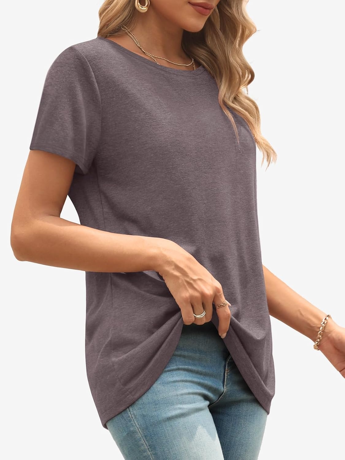image:imageATHMILE Womens Soft Basic T Shirt Summer Tops Short Sleeve Crewneck Tees Casual Teachers Cute Work Outfits Everyday WearGrey Purple