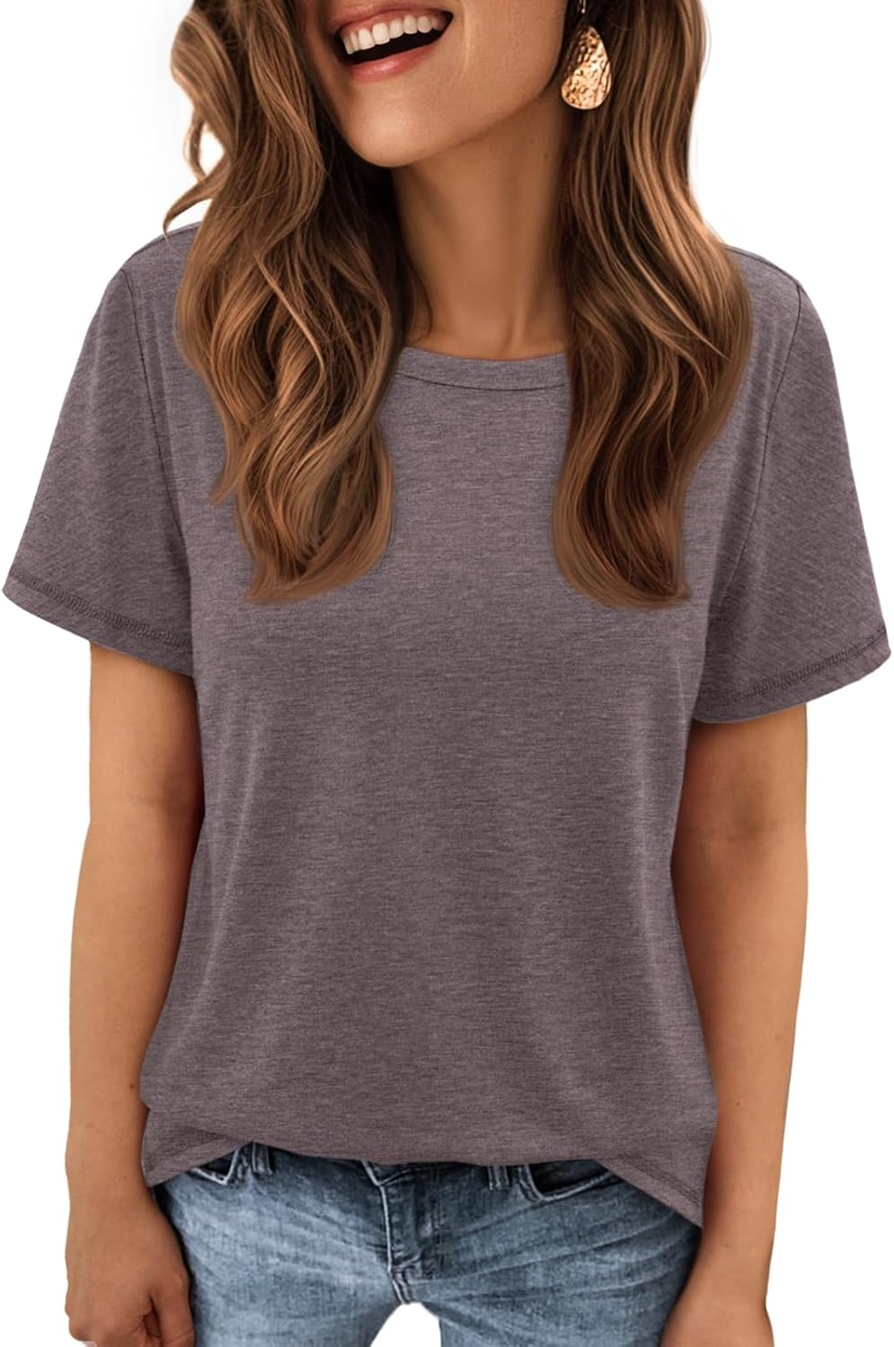 image:imageATHMILE Womens Soft Basic T Shirt Summer Tops Short Sleeve Crewneck Tees Casual Teachers Cute Work Outfits Everyday WearGrey Purple