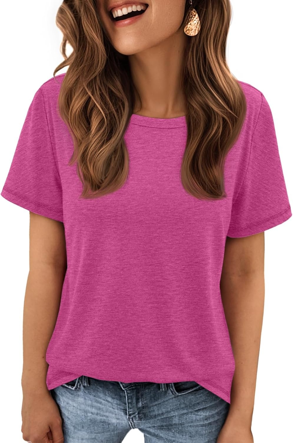 image:imageATHMILE Womens Soft Basic T Shirt Summer Tops Short Sleeve Crewneck Tees Casual Teachers Cute Work Outfits Everyday WearHot Pink