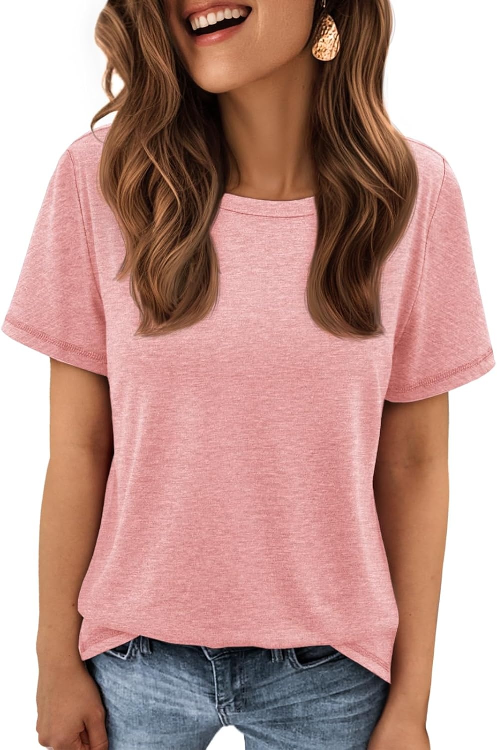 image:imageATHMILE Womens Soft Basic T Shirt Summer Tops Short Sleeve Crewneck Tees Casual Teachers Cute Work Outfits Everyday WearLight Pink