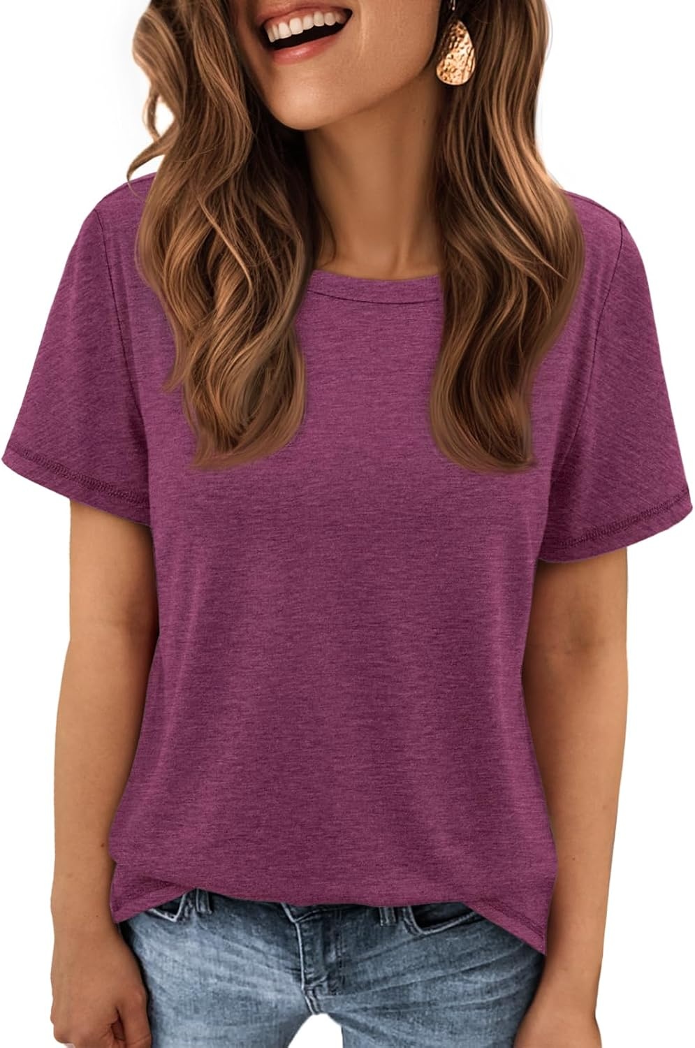 image:imageATHMILE Womens Soft Basic T Shirt Summer Tops Short Sleeve Crewneck Tees Casual Teachers Cute Work Outfits Everyday WearPink Red