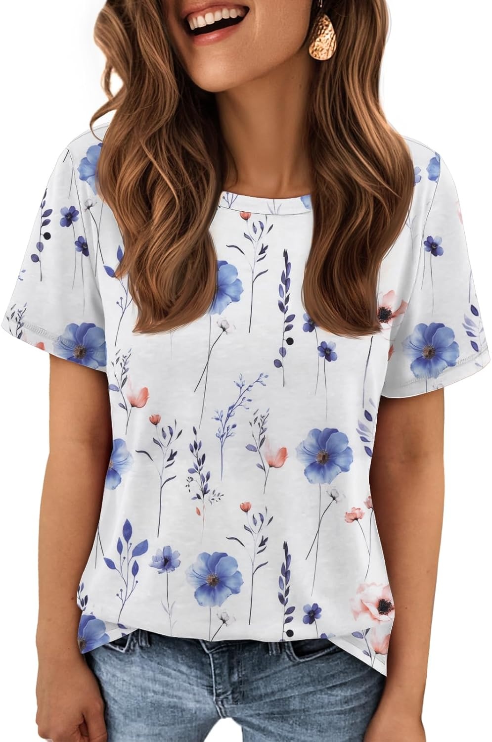 image:imageATHMILE Womens Soft Basic T Shirt Summer Tops Short Sleeve Crewneck Tees Casual Teachers Cute Work Outfits Everyday WearWhiteblueflower