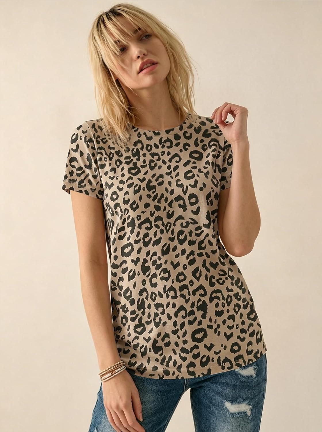 image:imageATHMILE Womens Soft Basic T Shirt Summer Tops Short Sleeve Crewneck Tees Casual Teachers Cute Work Outfits Everyday WearYellowleopard