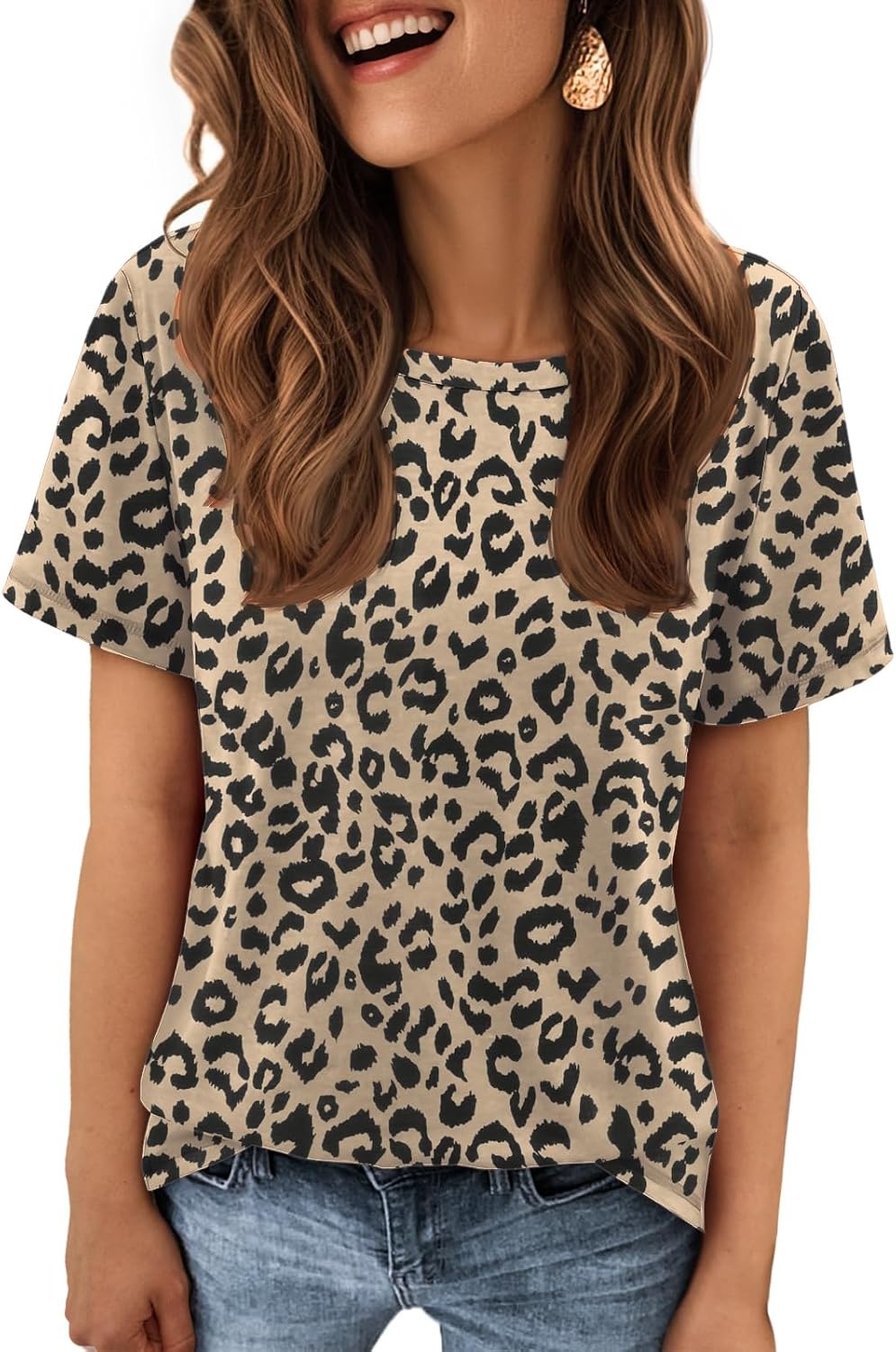 image:imageATHMILE Womens Soft Basic T Shirt Summer Tops Short Sleeve Crewneck Tees Casual Teachers Cute Work Outfits Everyday WearYellowleopard