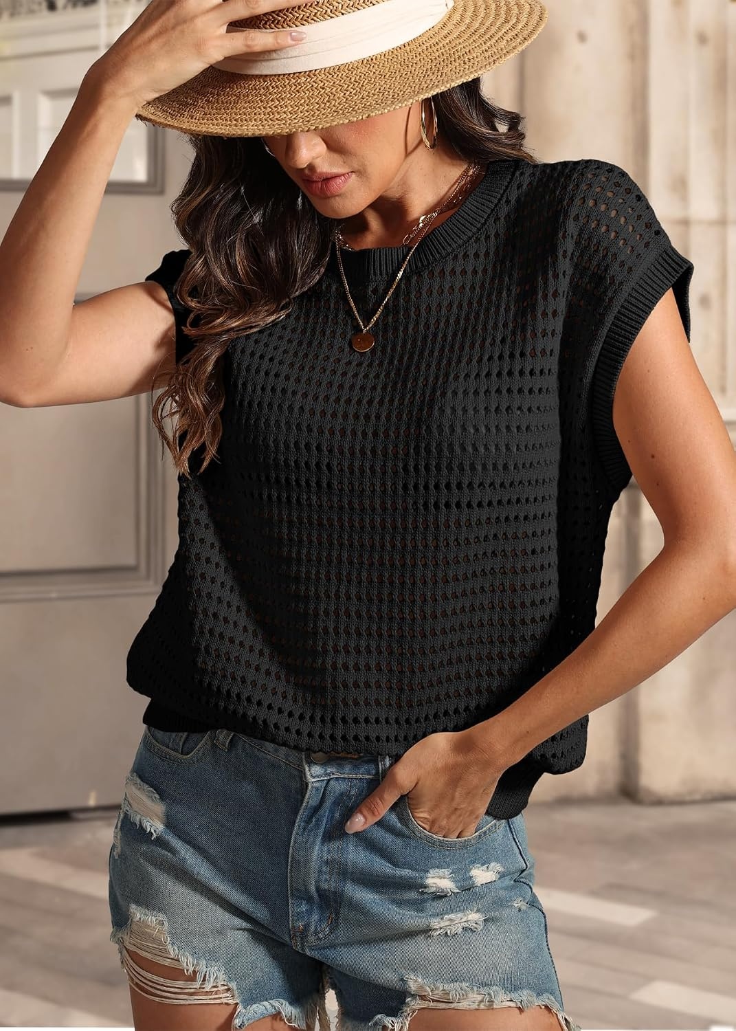image:imageATHMILE Womens Spring Tops Summer Shirts Beach Vacation Crochet Cap Sleeve Knit Sweater Pullover Cute Fashion ClothesBlack