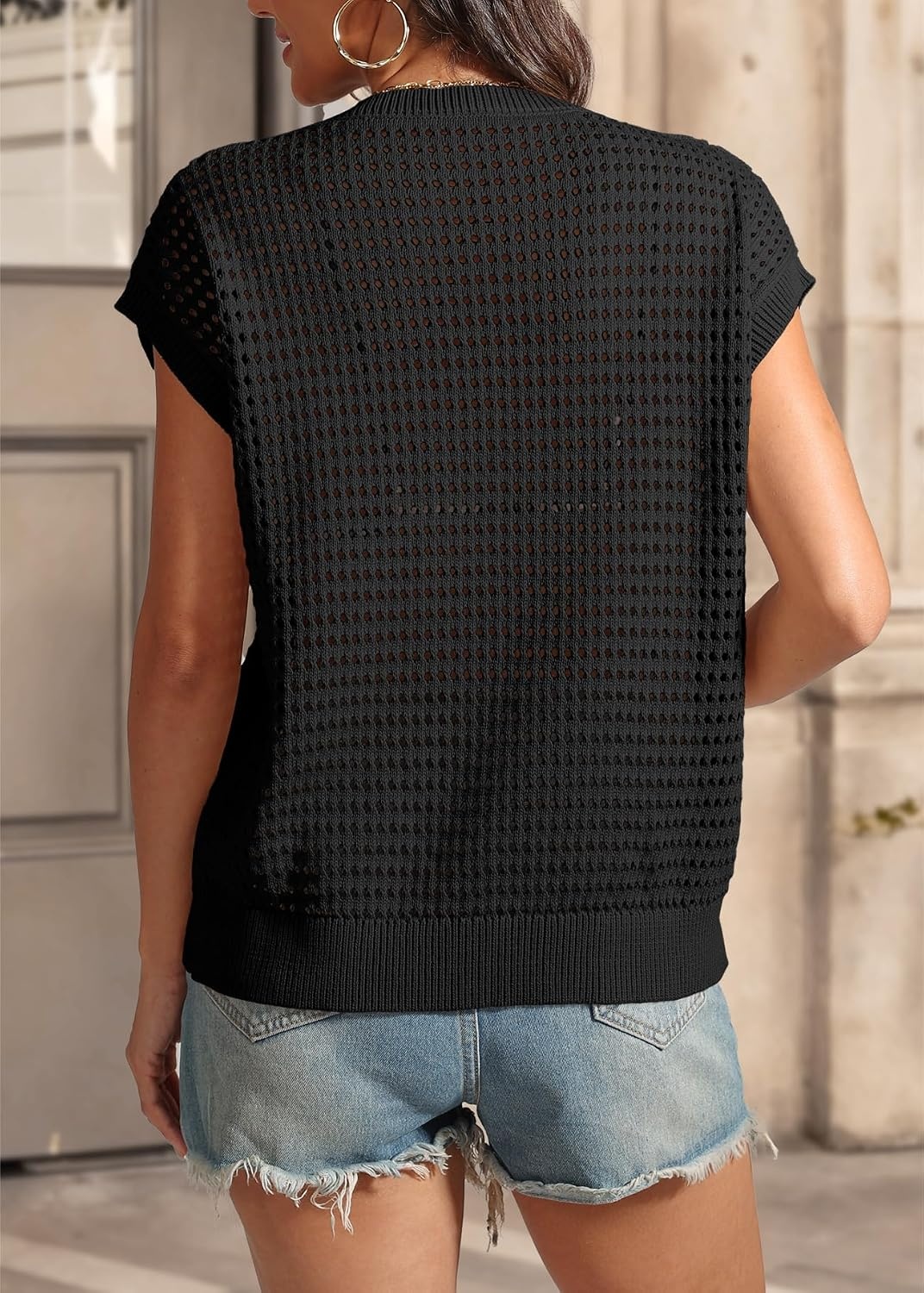 image:imageATHMILE Womens Spring Tops Summer Shirts Beach Vacation Crochet Cap Sleeve Knit Sweater Pullover Cute Fashion ClothesBlack