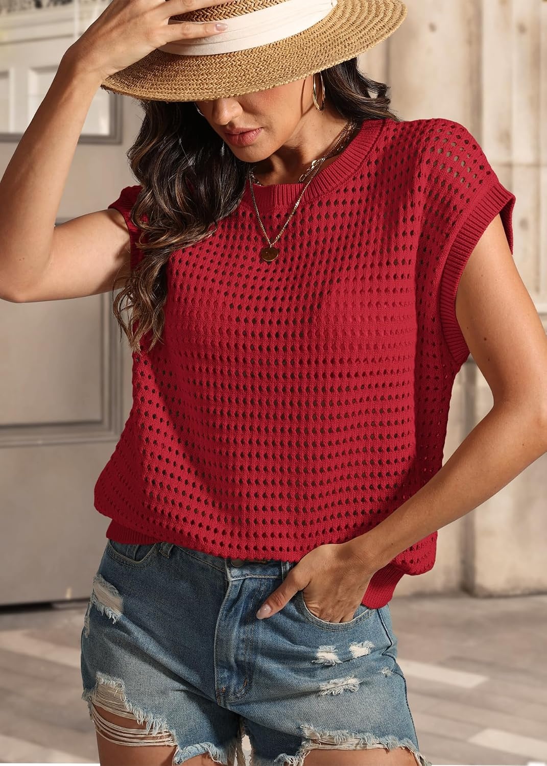 image:imageATHMILE Womens Spring Tops Summer Shirts Beach Vacation Crochet Cap Sleeve Knit Sweater Pullover Cute Fashion ClothesRed