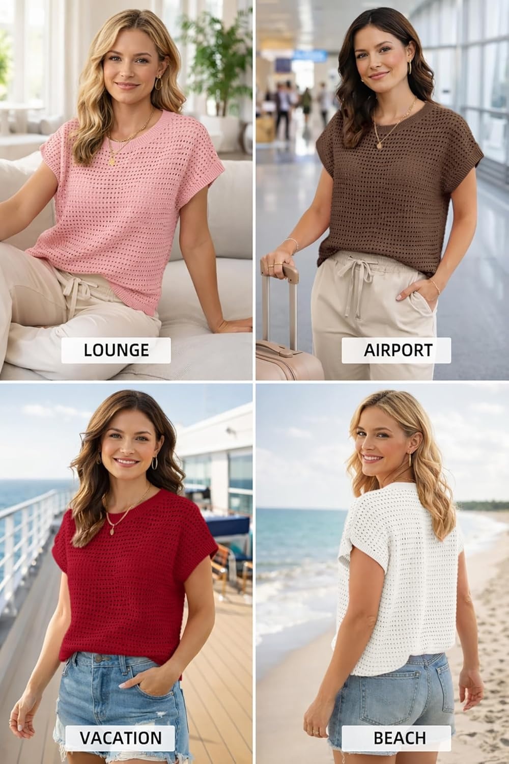 image:imageATHMILE Womens Spring Tops Summer Shirts Beach Vacation Crochet Cap Sleeve Knit Sweater Pullover Cute Fashion ClothesRed