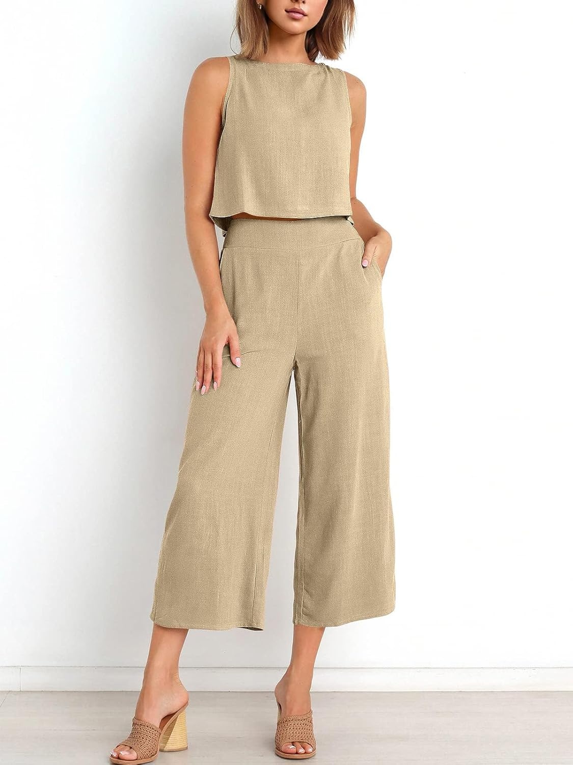 image:imageATHMILE Womens Summer 2 Piece Outfits Sleeveless Tank Crop Button Back Top Cropped Wide Leg Pants Set PocketsKhaki