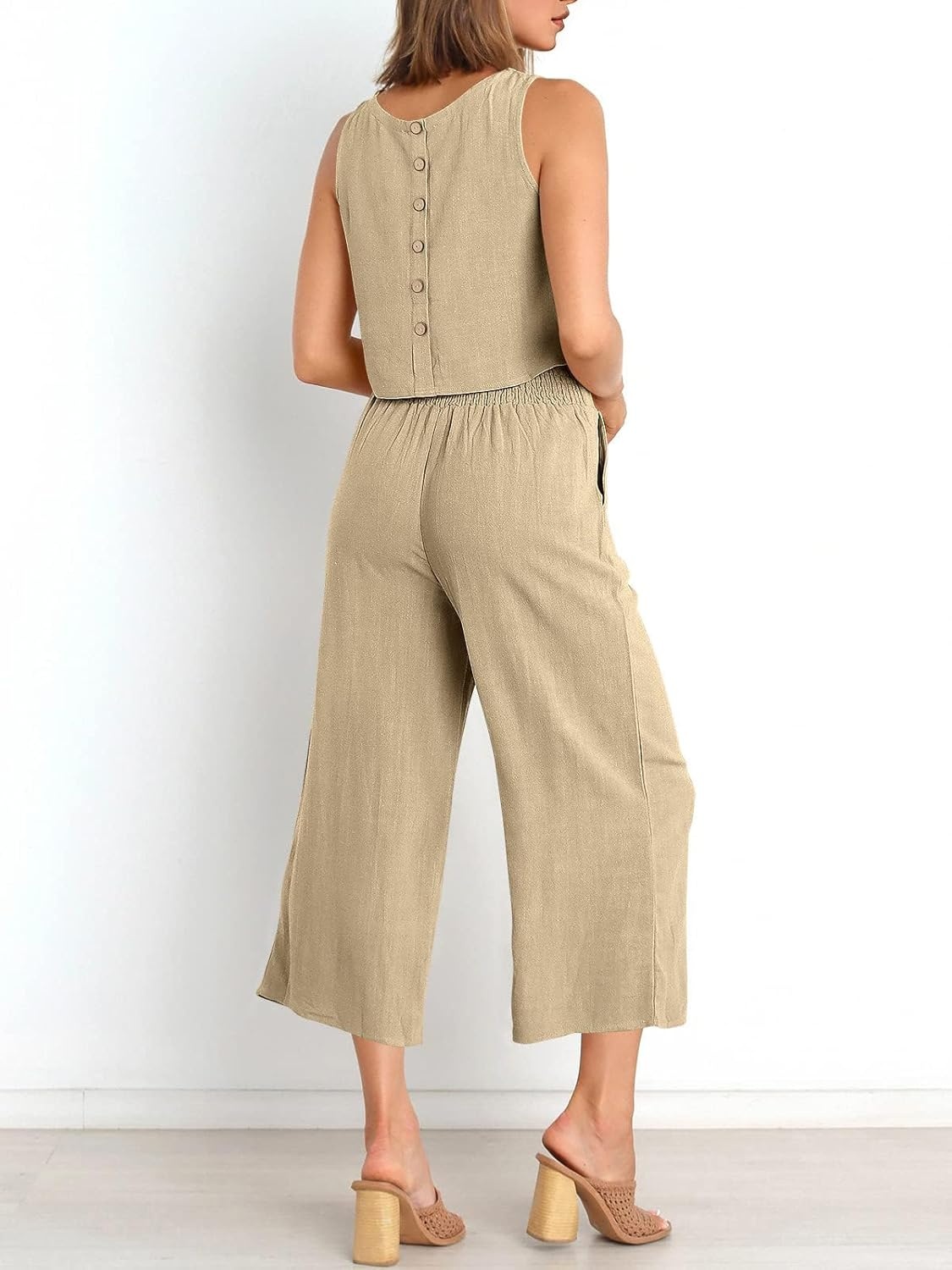image:imageATHMILE Womens Summer 2 Piece Outfits Sleeveless Tank Crop Button Back Top Cropped Wide Leg Pants Set PocketsKhaki