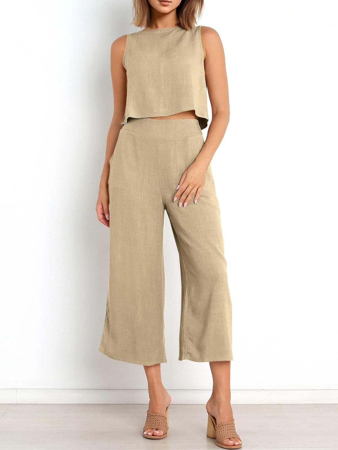 image:imageATHMILE Womens Summer 2 Piece Outfits Sleeveless Tank Crop Button Back Top Cropped Wide Leg Pants Set PocketsKhaki