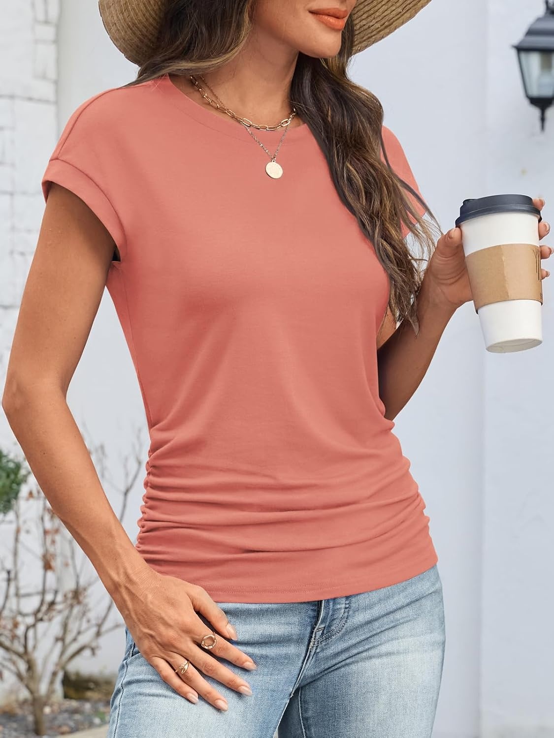 image:imageATHMILE Womens Summer Tops Cap Sleeve Ruched Tshirts Business Casual Crewneck Trendy Outfits Basic Fashion Dressy ClothesCoral