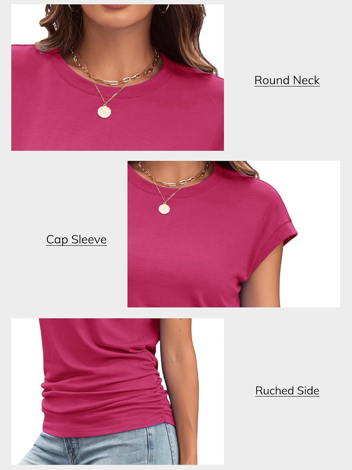 image:imageATHMILE Womens Summer Tops Cap Sleeve Ruched Tshirts Business Casual Crewneck Trendy Outfits Basic Fashion Dressy ClothesHot Pink