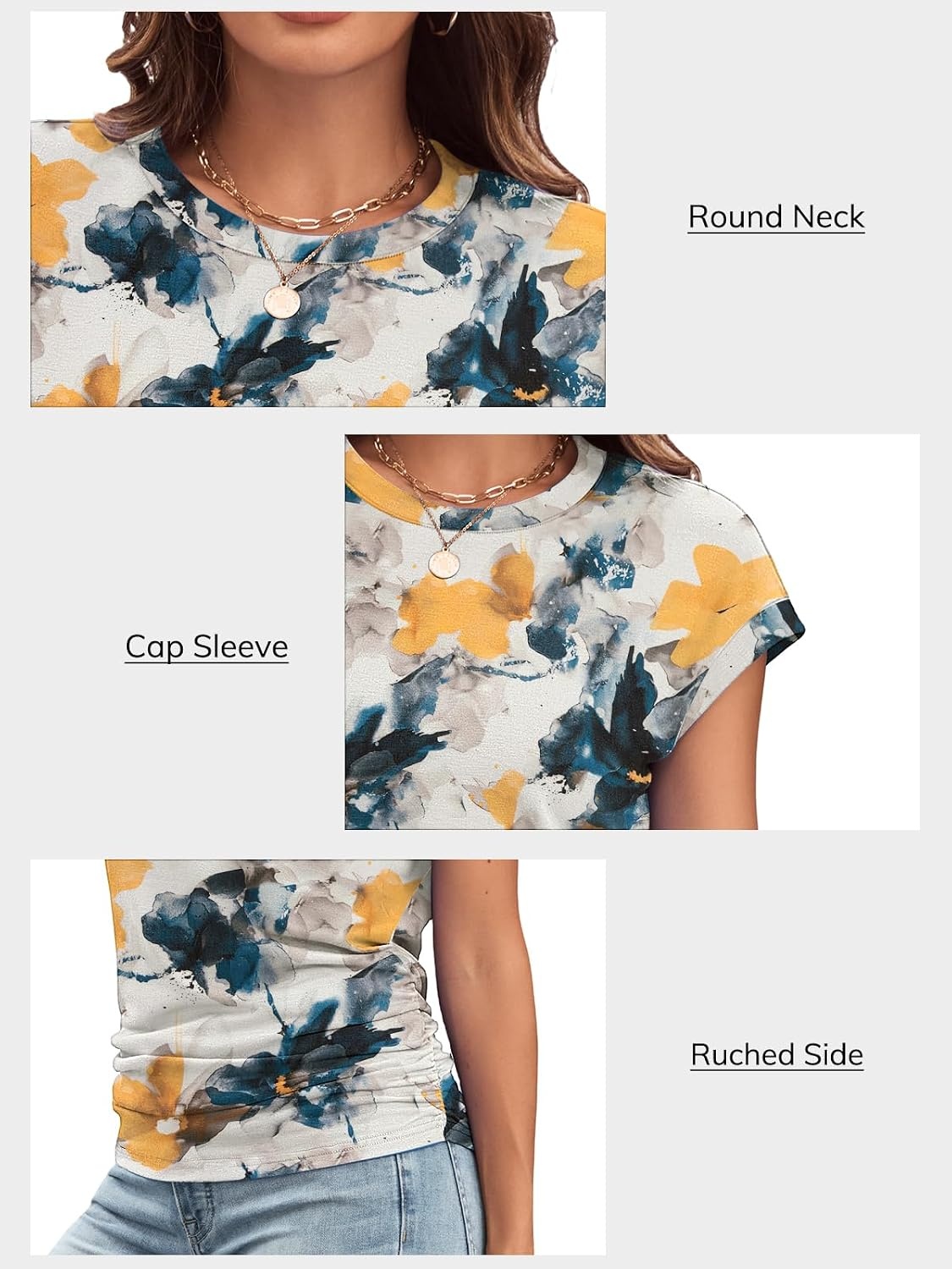 image:imageATHMILE Womens Summer Tops Cap Sleeve Ruched Tshirts Business Casual Crewneck Trendy Outfits Basic Fashion Dressy ClothesMultiteal