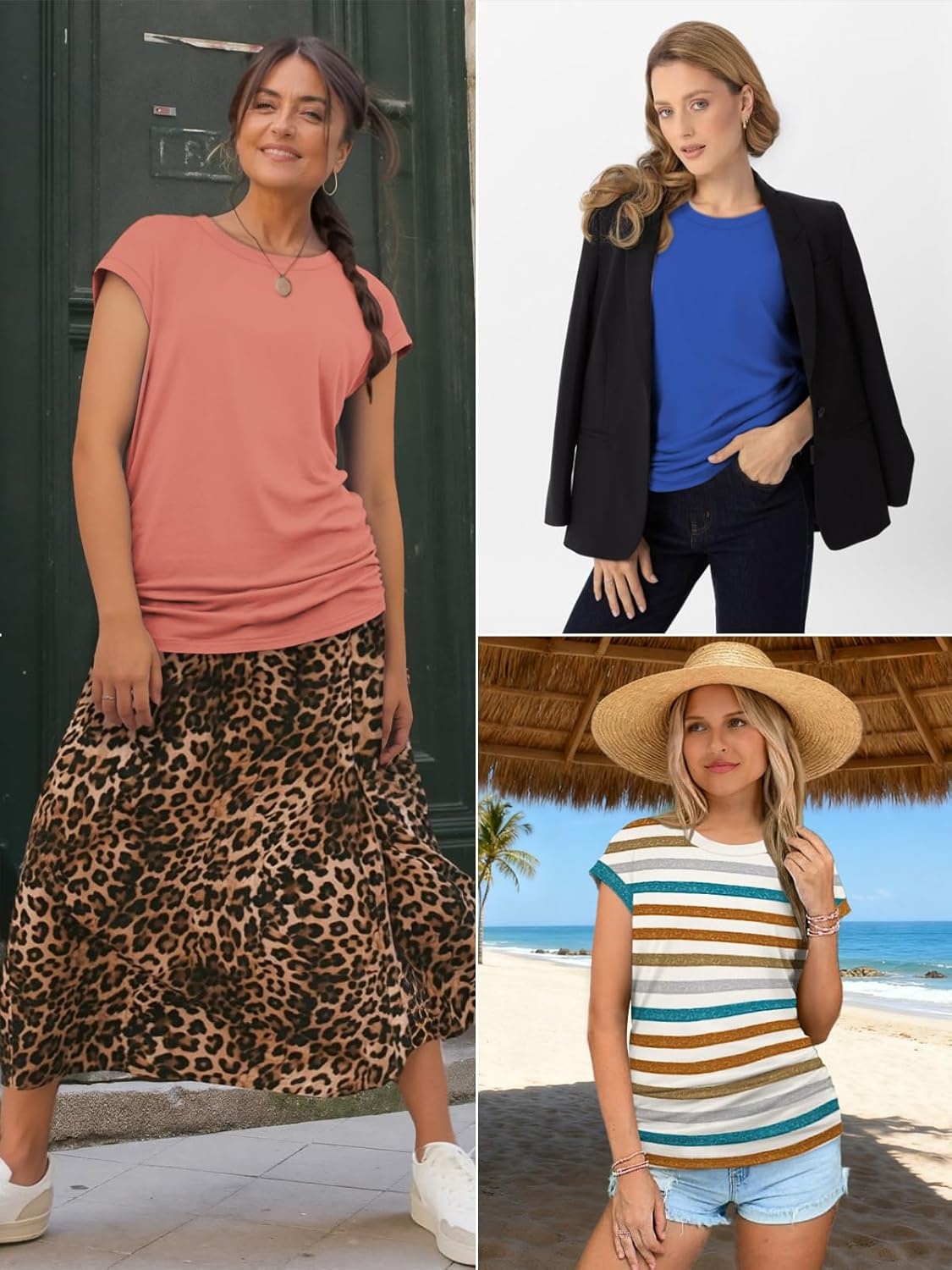 image:imageATHMILE Womens Summer Tops Cap Sleeve Ruched Tshirts Business Casual Crewneck Trendy Outfits Basic Fashion Dressy ClothesTiedye Brown