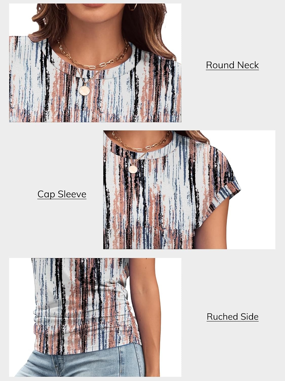 image:imageATHMILE Womens Summer Tops Cap Sleeve Ruched Tshirts Business Casual Crewneck Trendy Outfits Basic Fashion Dressy ClothesTiedye Brown
