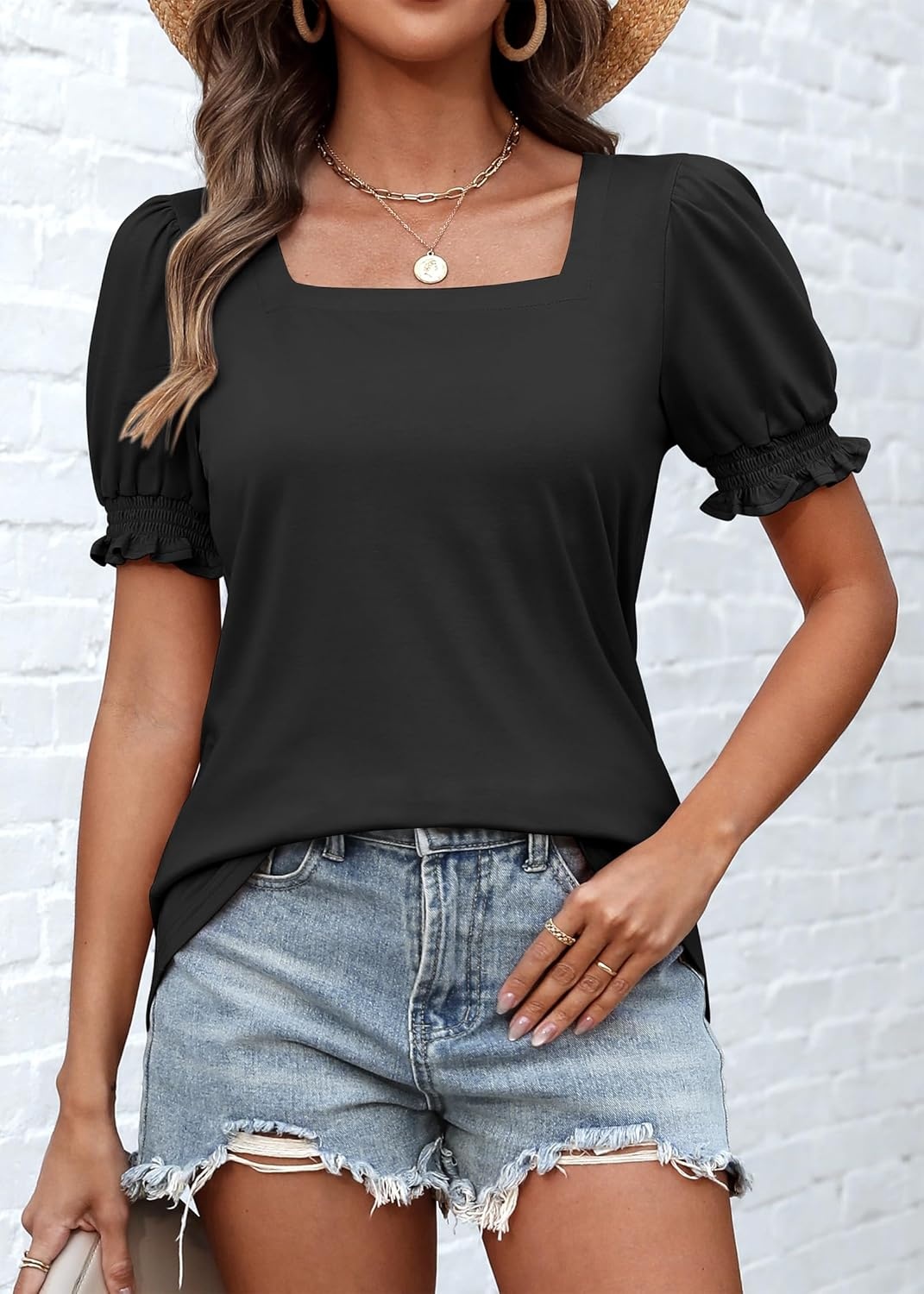 image:imageATHMILE Womens Summer Tops Square Neck Dressy Casual Blouses Ruffle Sleeve Cute Spring Beach Vacation CausalBlack