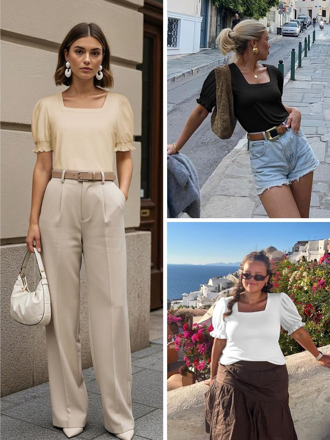 image:imageATHMILE Womens Summer Tops Square Neck Dressy Casual Blouses Ruffle Sleeve Cute Spring Beach Vacation CausalGreystripe