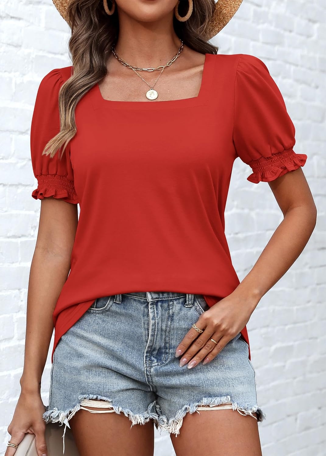 image:imageATHMILE Womens Summer Tops Square Neck Dressy Casual Blouses Ruffle Sleeve Cute Spring Beach Vacation CausalRed